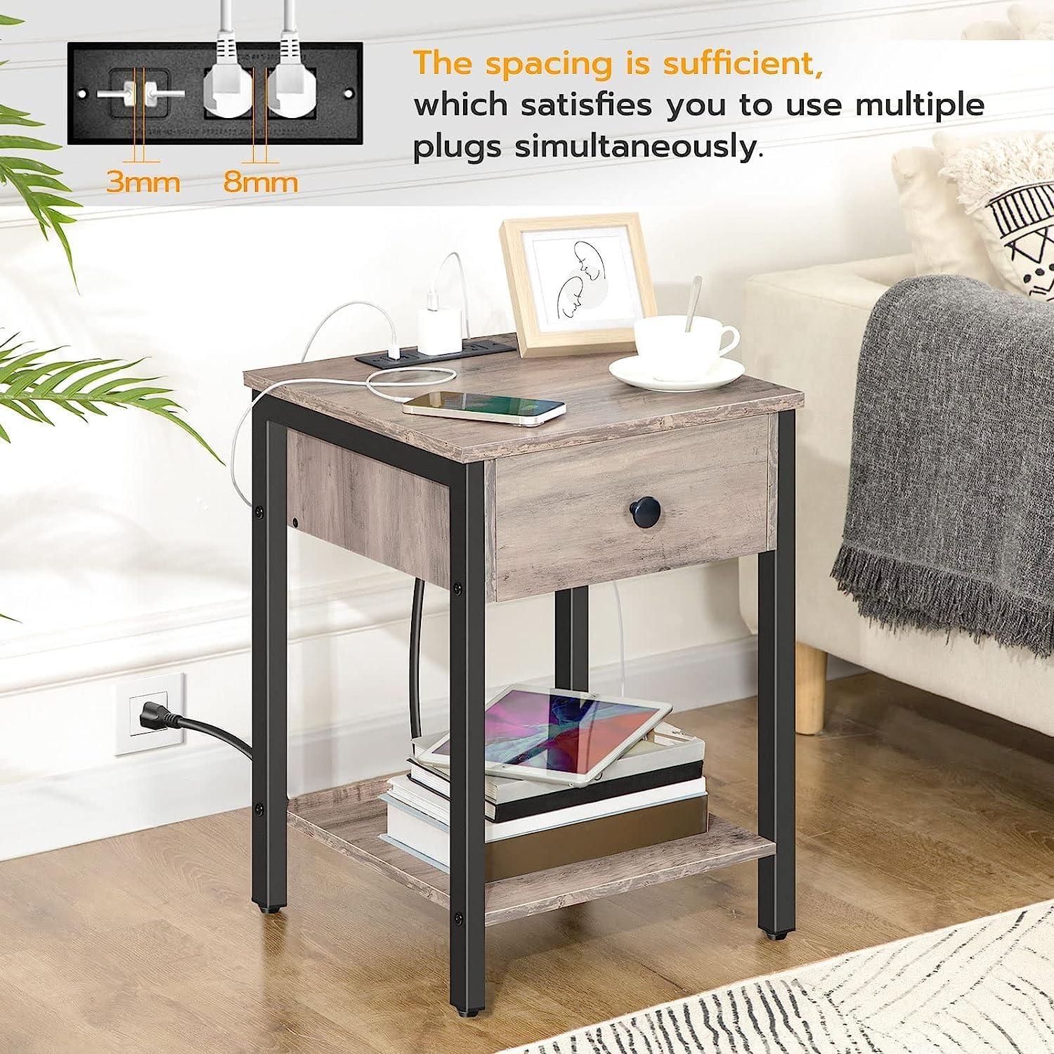 Greige and Black Nightstands with Charging Station and Drawer