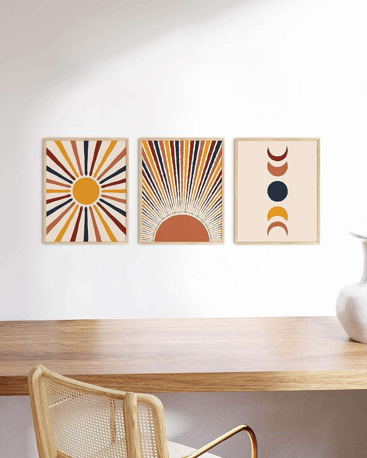 Mid Century Terracotta Abstract Sun and Moon Poster Set