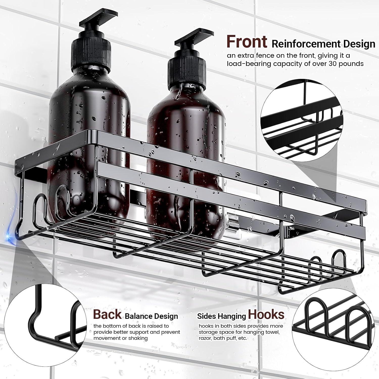 Black Metal Adhesive Shower Caddy with Hooks, 2 Pack