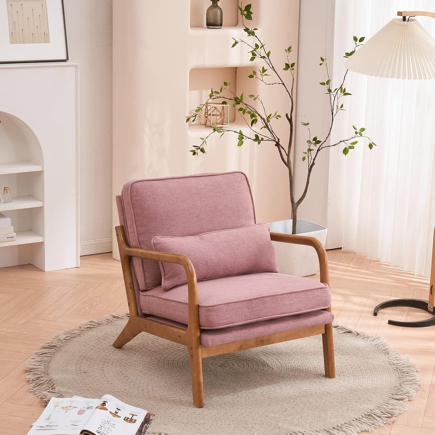George Oliver Lemley Mid Century Solid Wood Accent Chair Upholstered Armchair with an Extra Pillow