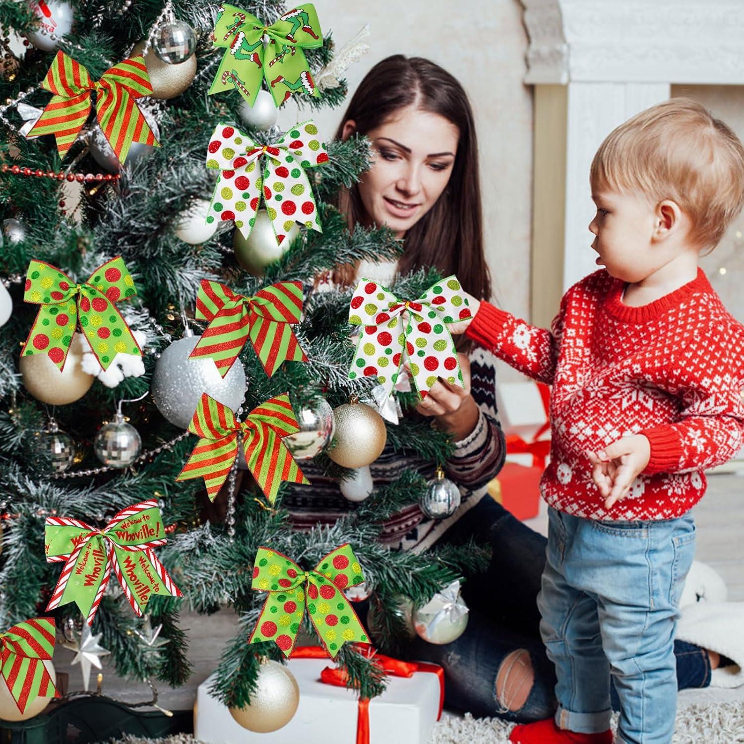 Sandistore Cute Cars 12pcs Christmas Tree Bows Ornaments 6 Inch Large Christmas Wreath Bows Red Green Xmas Tree Bows Christmas Glitter Dot Bows Ribbons Decoration For Garland Diamonds for Crafts