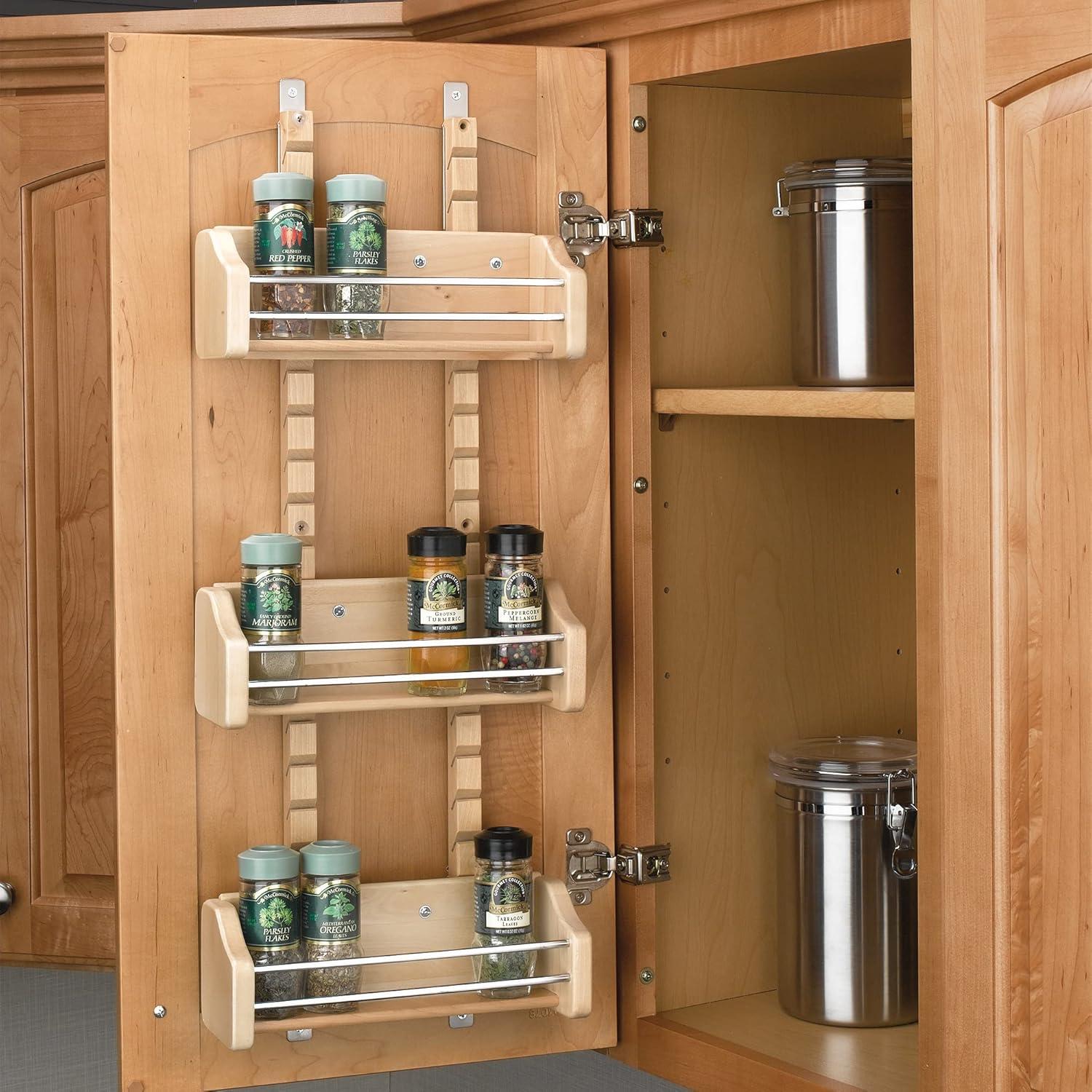 Maple Wood Adjustable 3-Shelf Door Mounted Spice Rack