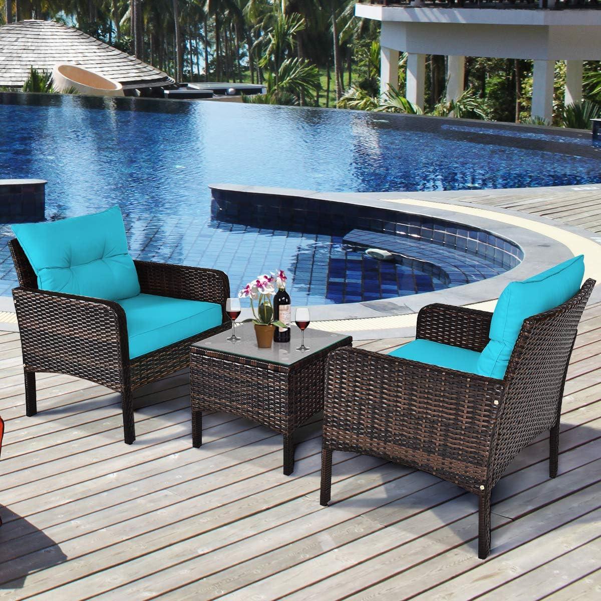 YYAo Garden Conversation Table Set, Conversation Loveseat Chairs Set, 3 Pcs Outdoor Patio Rattan Conversation Set with Seat Cushions-Turquoise