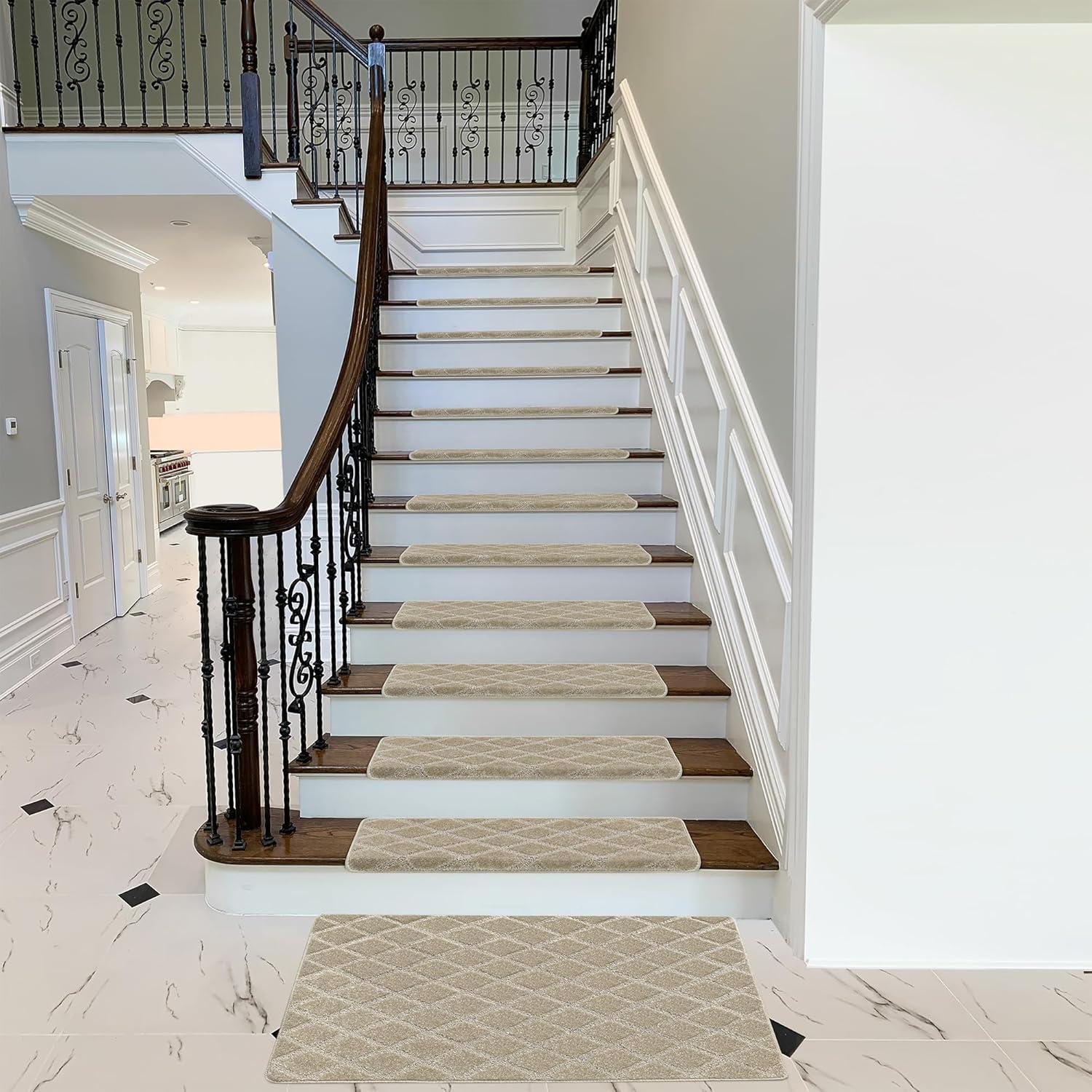 PURE ERA Bullnose Carpet Stair Treads Protectors for Wooden Steps 9.5" x 30"x1.2" Pet Friendly Tape Free Non-Slip (Set of 14 Pieces,Cream Gray Diamond Trellis)