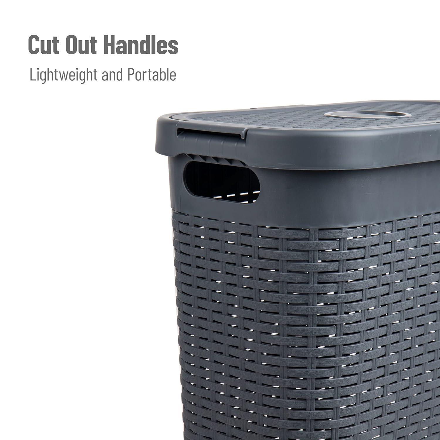 The Twillery Co.® 40L Slim Laundry Hamper, Clothes Basket, Lid, Wicker Design, Plastic