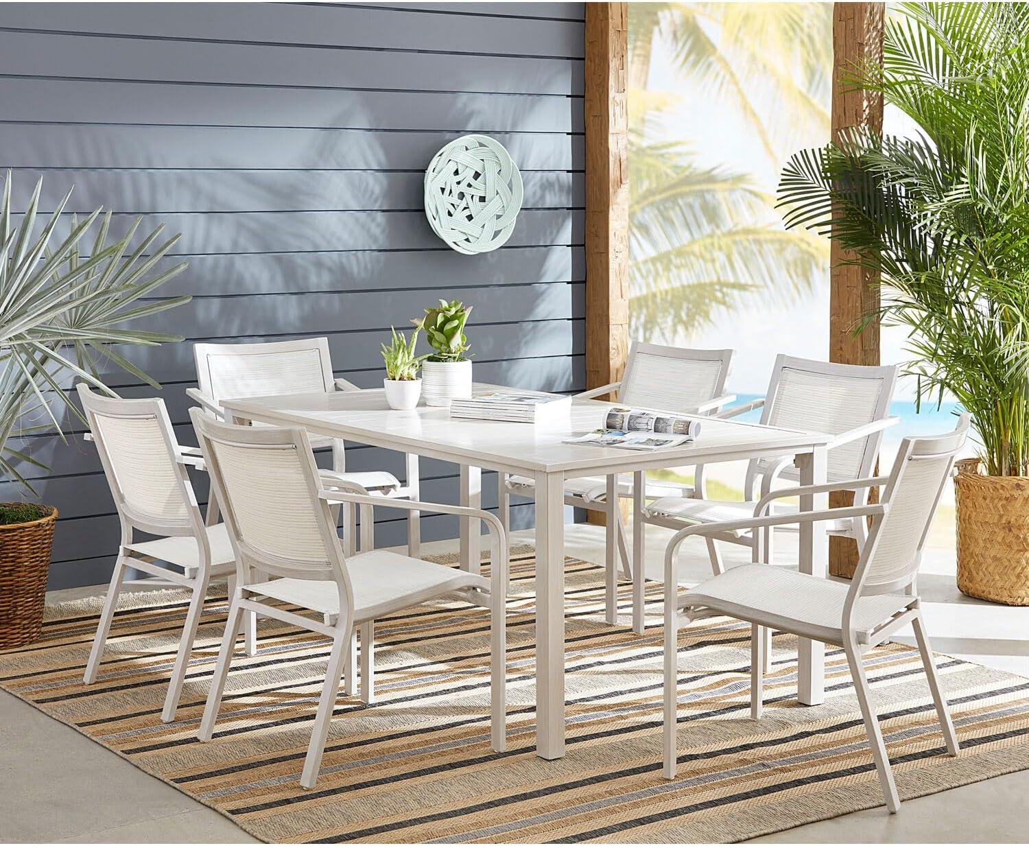Hanover Morrison 7-Piece Outdoor Costal Dining Set with 6 Aluminum Sling Chairs and Slat Top 66" x 38" Table, Rust-Resistant - MORDN7PC-WHT