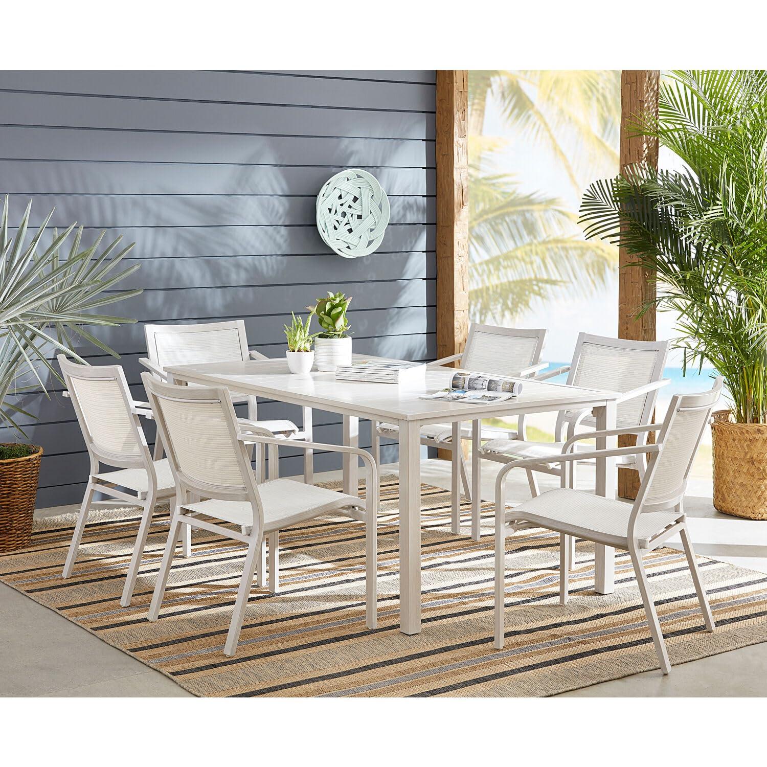Hanover Morrison 7-Piece Outdoor Costal Dining Set with 6 Aluminum Sling Chairs and Slat Top 66" x 38" Table, Rust-Resistant - MORDN7PC-WHT
