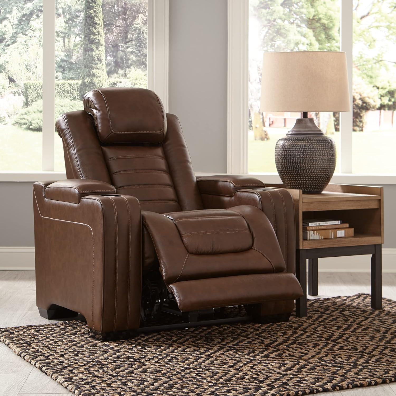 Ashley Furniture Backtrack Leather Power Recliner with Headrest in Chocolate