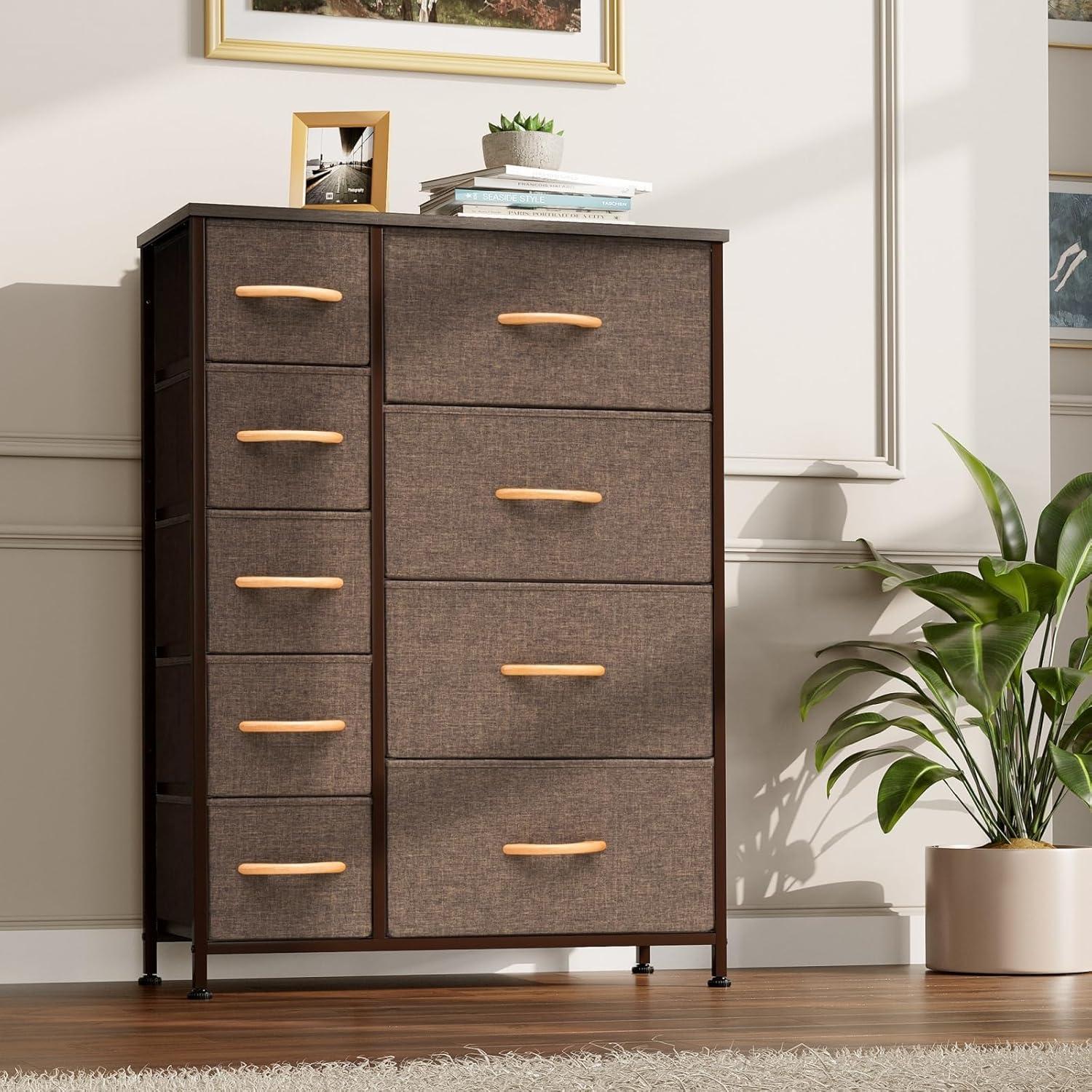 Brown Vertical 9-Drawer Fabric and Steel Storage Tower