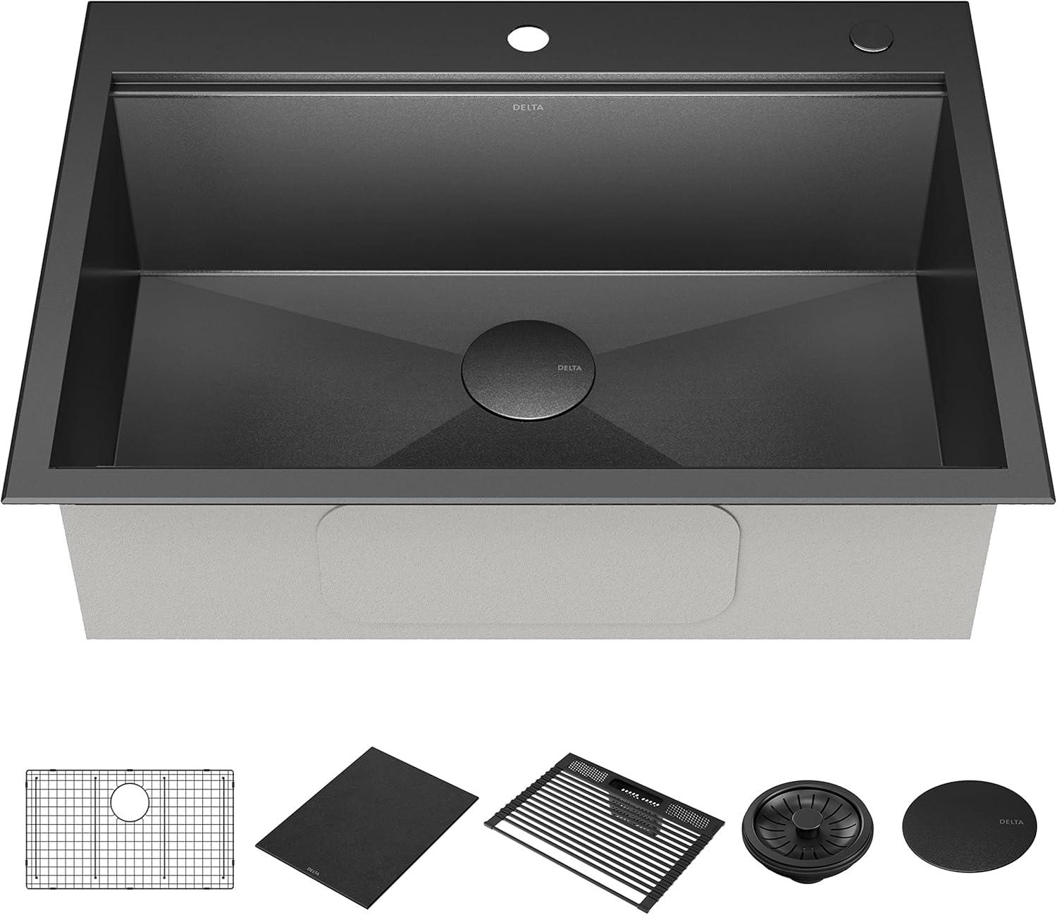 Delta Rivet™ Black Stainless Steel Drop-In Top Mount 16 Gauge Workstation Kitchen Sink Single Bowl