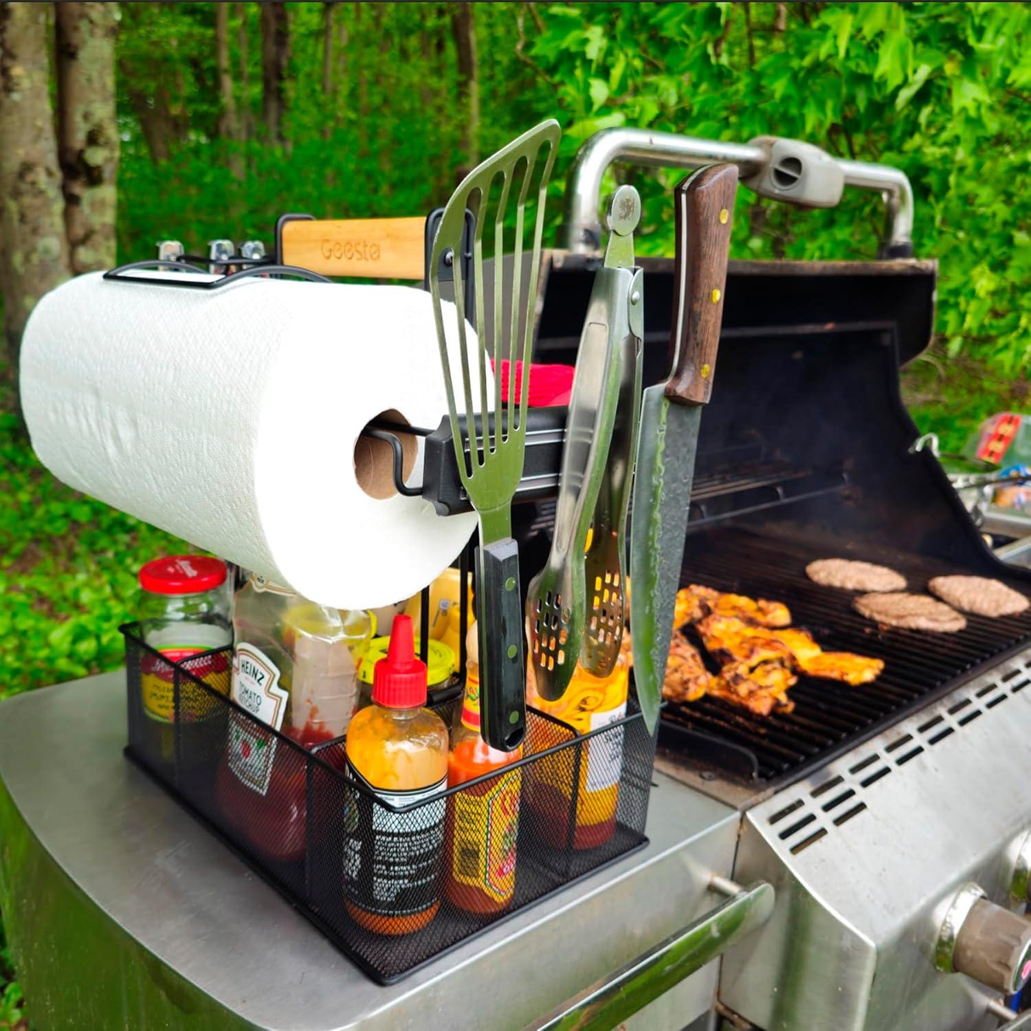 URBAN DECO  Grill Caddy and BBQ Caddy with Paper Towel Holder, Picnic Condiment Utensil Caddy for Outdoor Camping,  Ideal Storage Organizer for Barbecue Accessories Griddle Grilling Tool