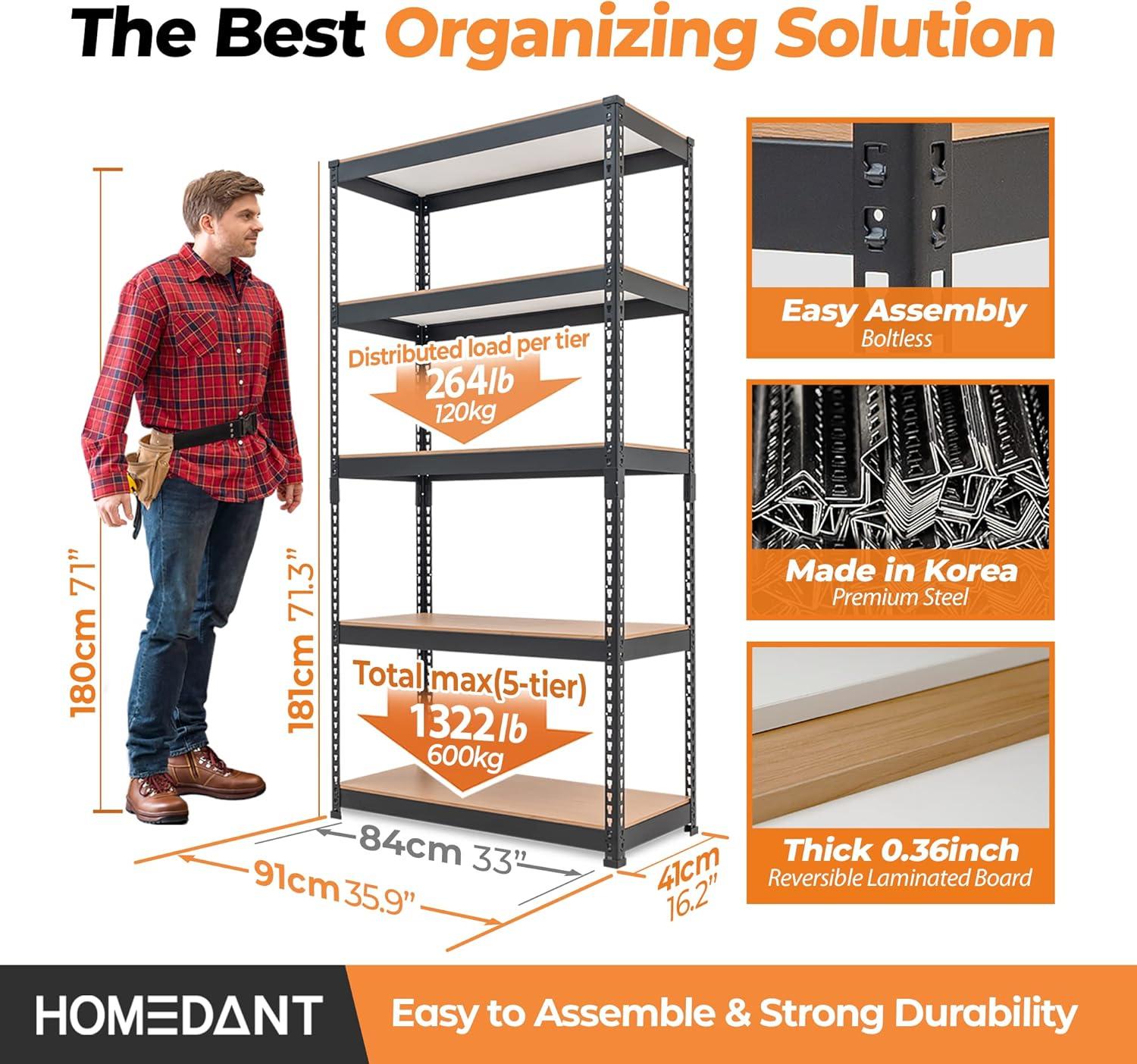 HOMEDANT Korean Thicker Board Steel Storage Shelves 35.9"W x 16.2"D x 71.3"H Garage Metal Rack