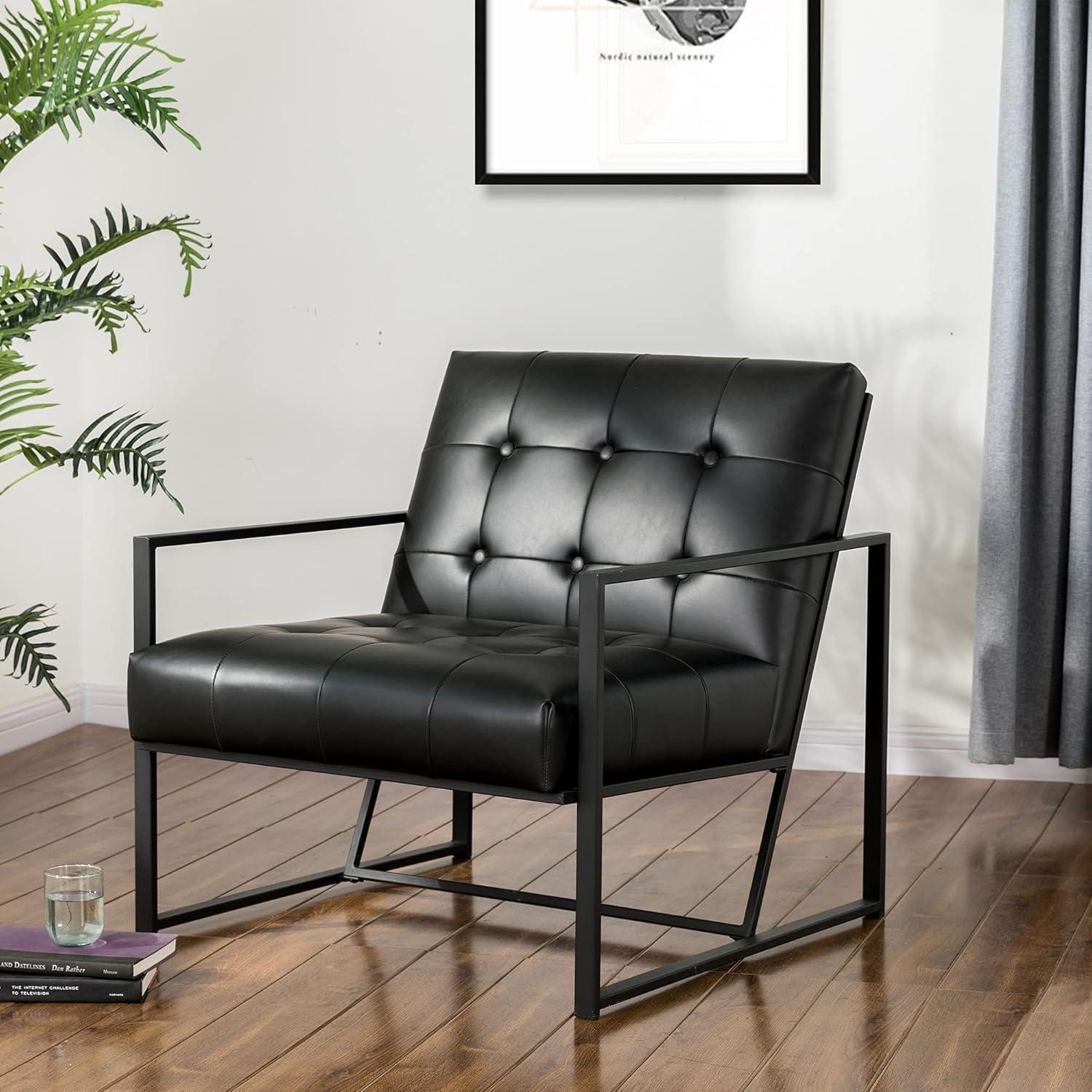 Mid-Century Modern Leatherette Arm Accent Chair Frosted Black Metal Frame Black - Glitzhome