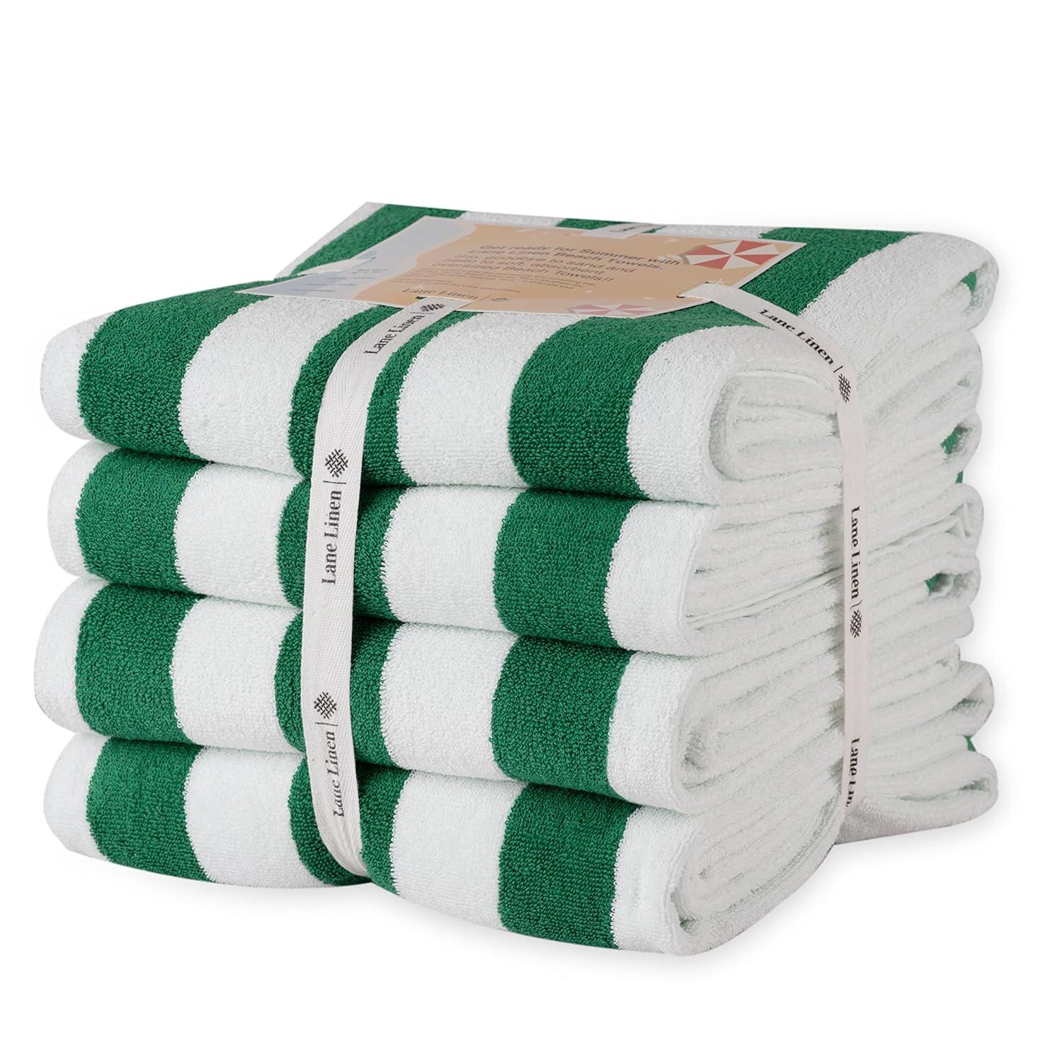 American Soft Linen Beach Towel, 100% Cotton Cabana Striped Beach Towel, 30 in by 60 in Soft Absorbent Beach Pool Towel
, Green