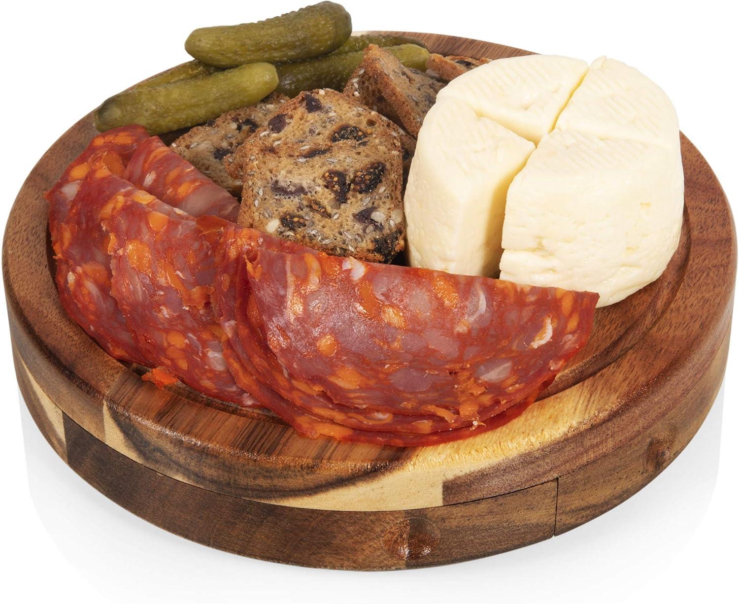 Acacia Round Cheese Board Set - Picnic Time: Charcuterie & Cutting Board, Lightweight Acacia, 7.5" Brown