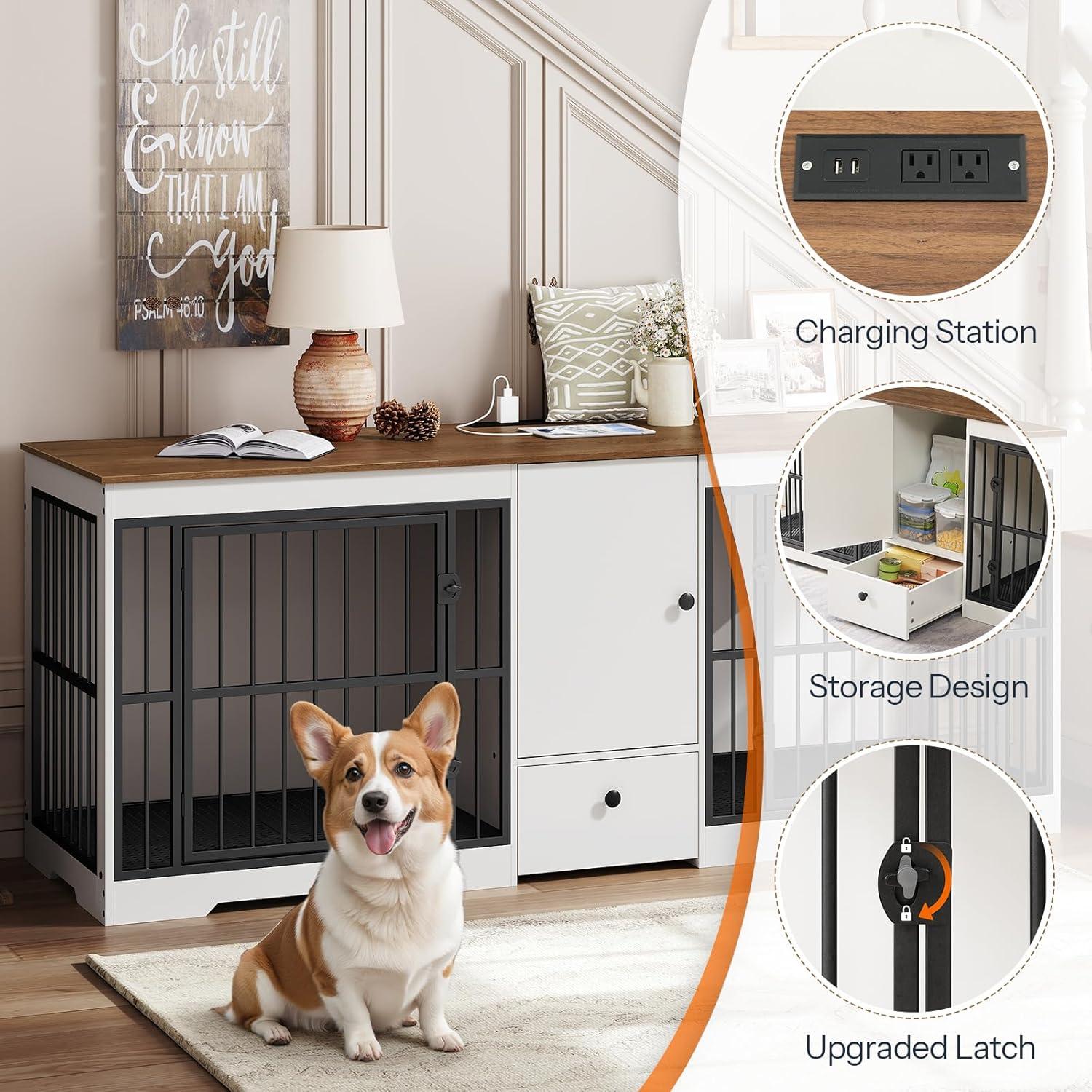 Tucker Murphy Pet™ 72.8 Inch Dog Crate Furniture For 2 Dogs, Farmhouse Double Dog Cage Furniture With Storage Cabinet And Drawer, Wooden Dog Kennel Tv Stand With Power Outlet