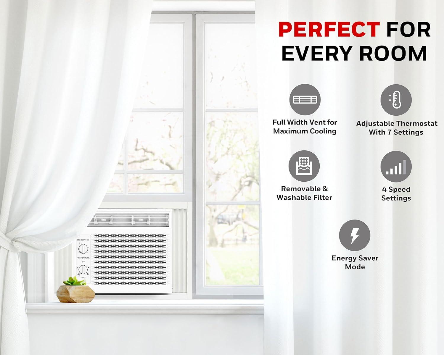 Honeywell 5,000 BTU Window Air Conditioner, Adjustable Thermostat, 7 settings, Quiet, 150 sq ft Coverage