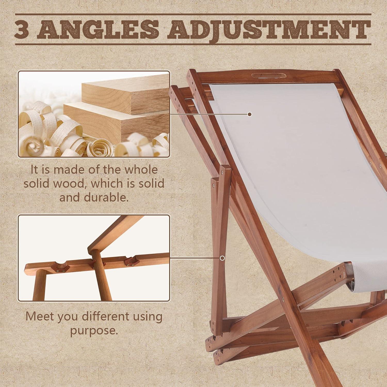 FDW Beach Sling Patio Chair for Relaxing, Foldable with Adjustable Height Made from Eucalyptus Wood with White Polyester,Khaki