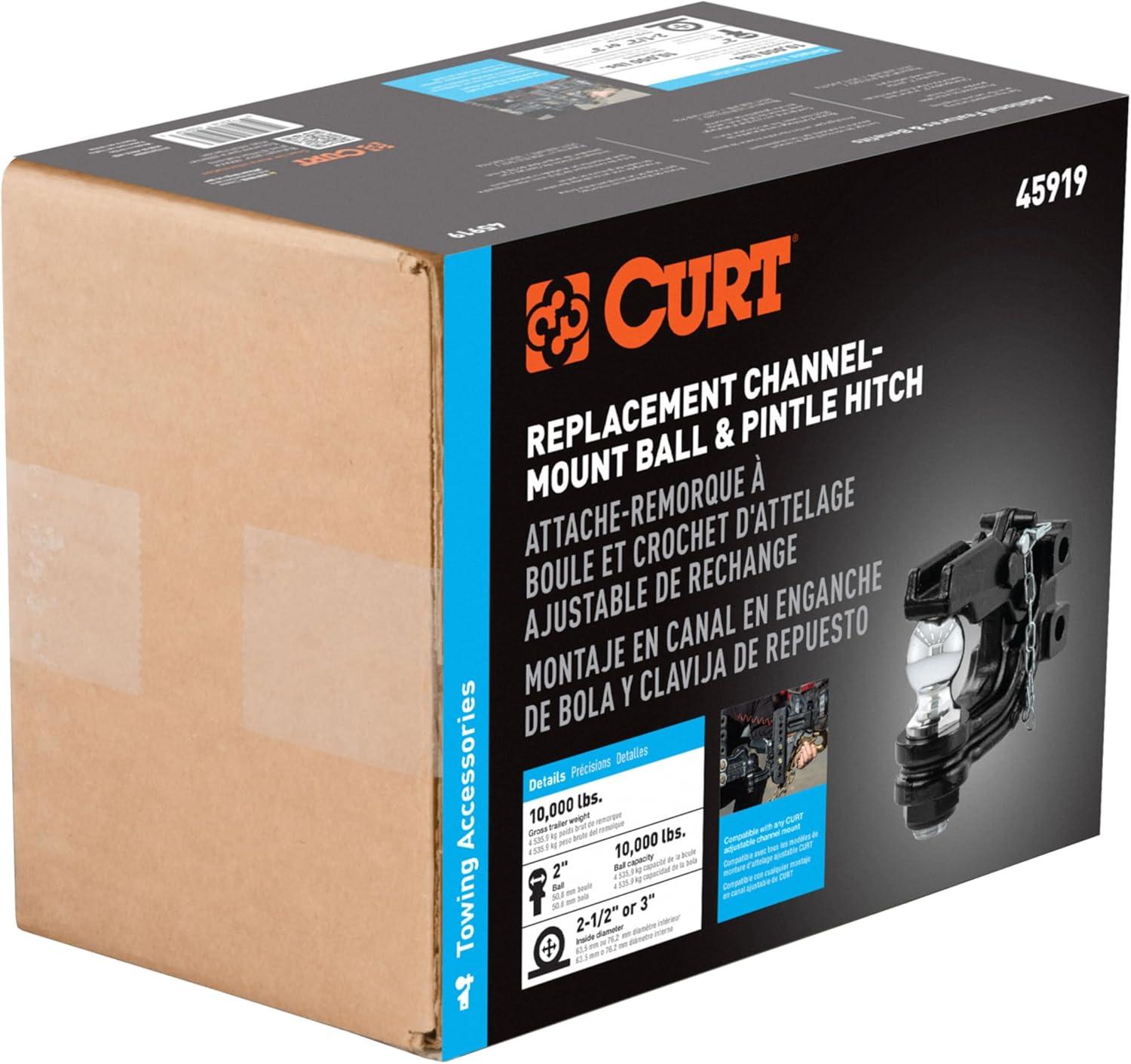 CURT 45919 Channel Mount Pintle Attachment with 2-Inch Ball, 10,000 lbs, Shank Required