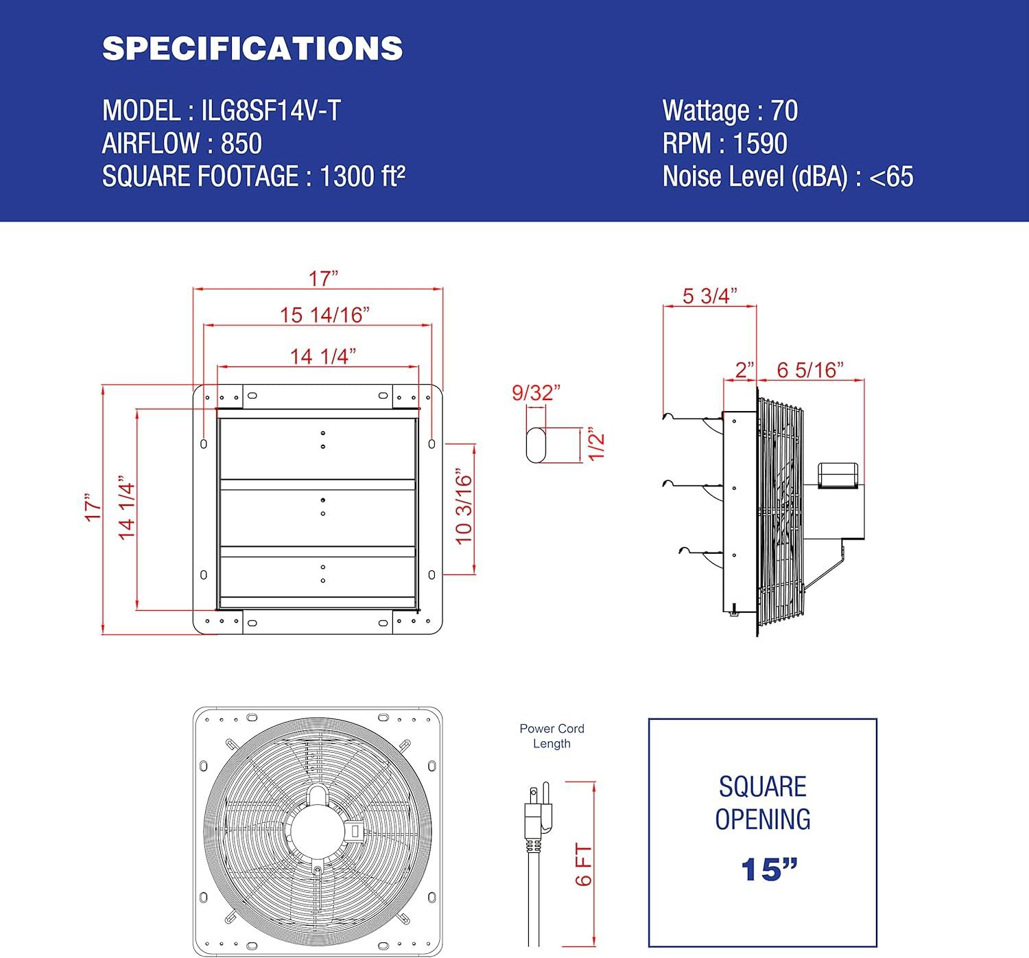 iLiving ILG8SF14V-T 14 Inch 3 Speed Attic Garage Growing Ventilation Exhaust Fan