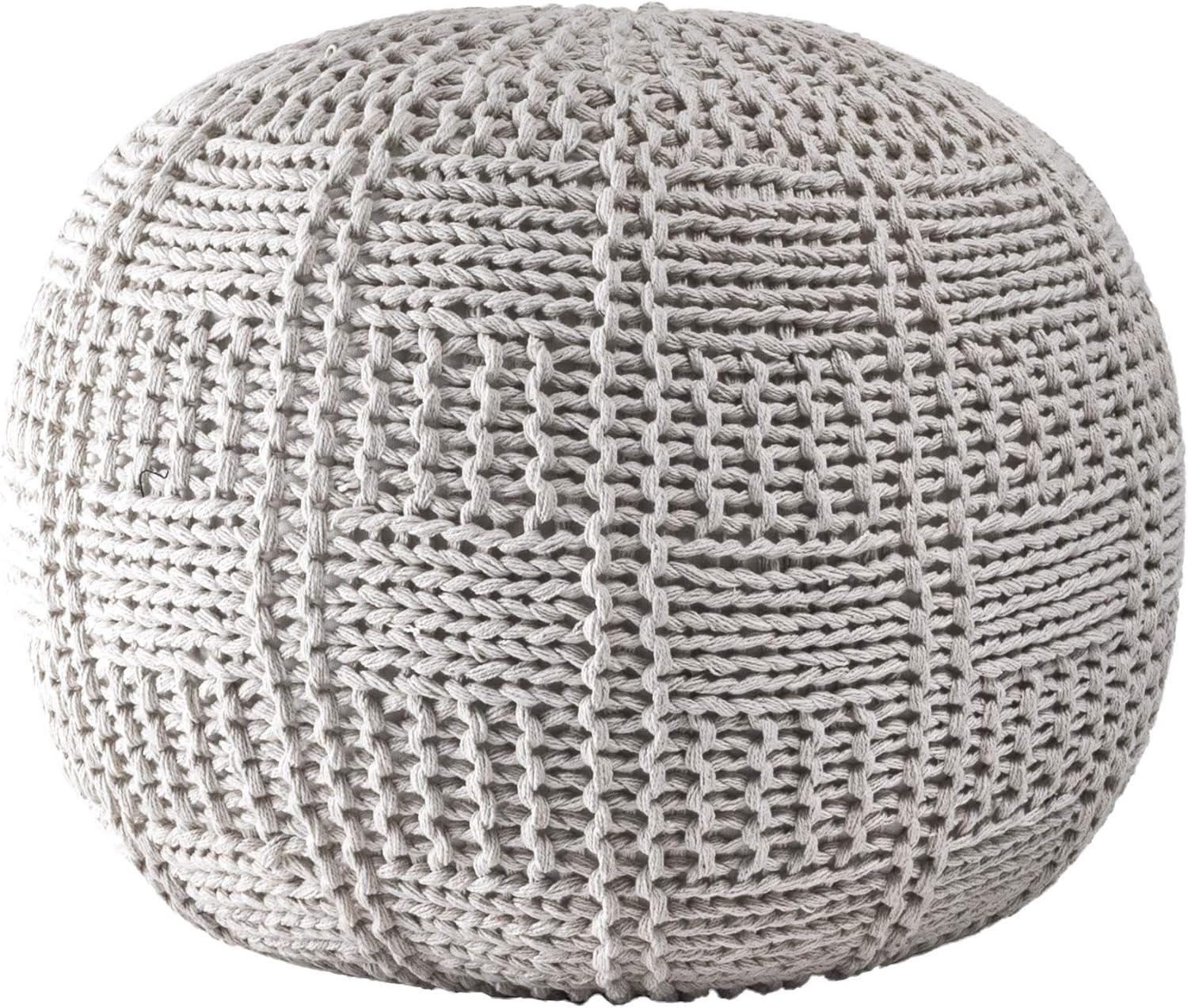 Casual Ivory Cotton Knitted 20'' Round Pouf Ottoman