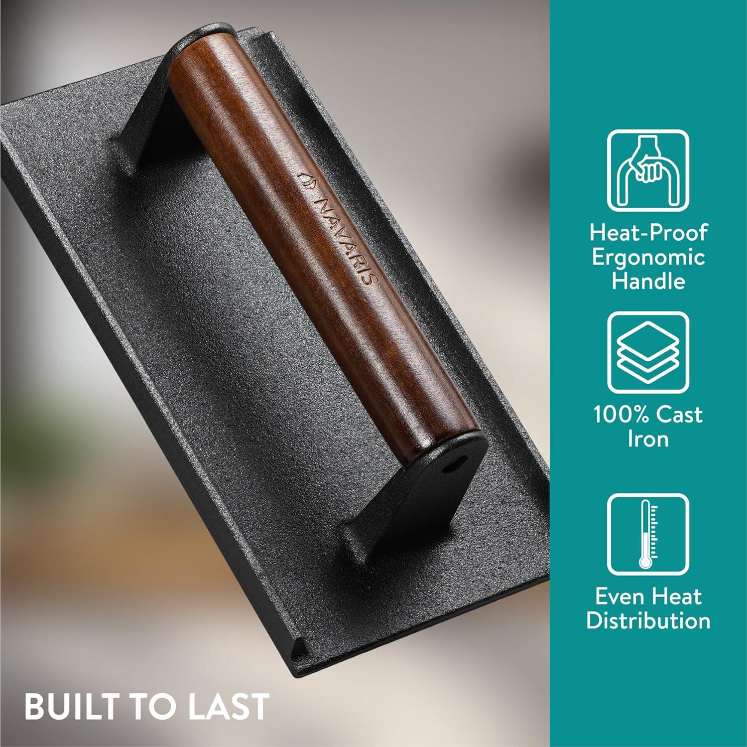 Navaris Cast Iron Round Burger Smasher - Food Grade Smash Burger Press with Wooden Handle - Grill BBQ Meat Patty Maker - Chef Press Burger Weight