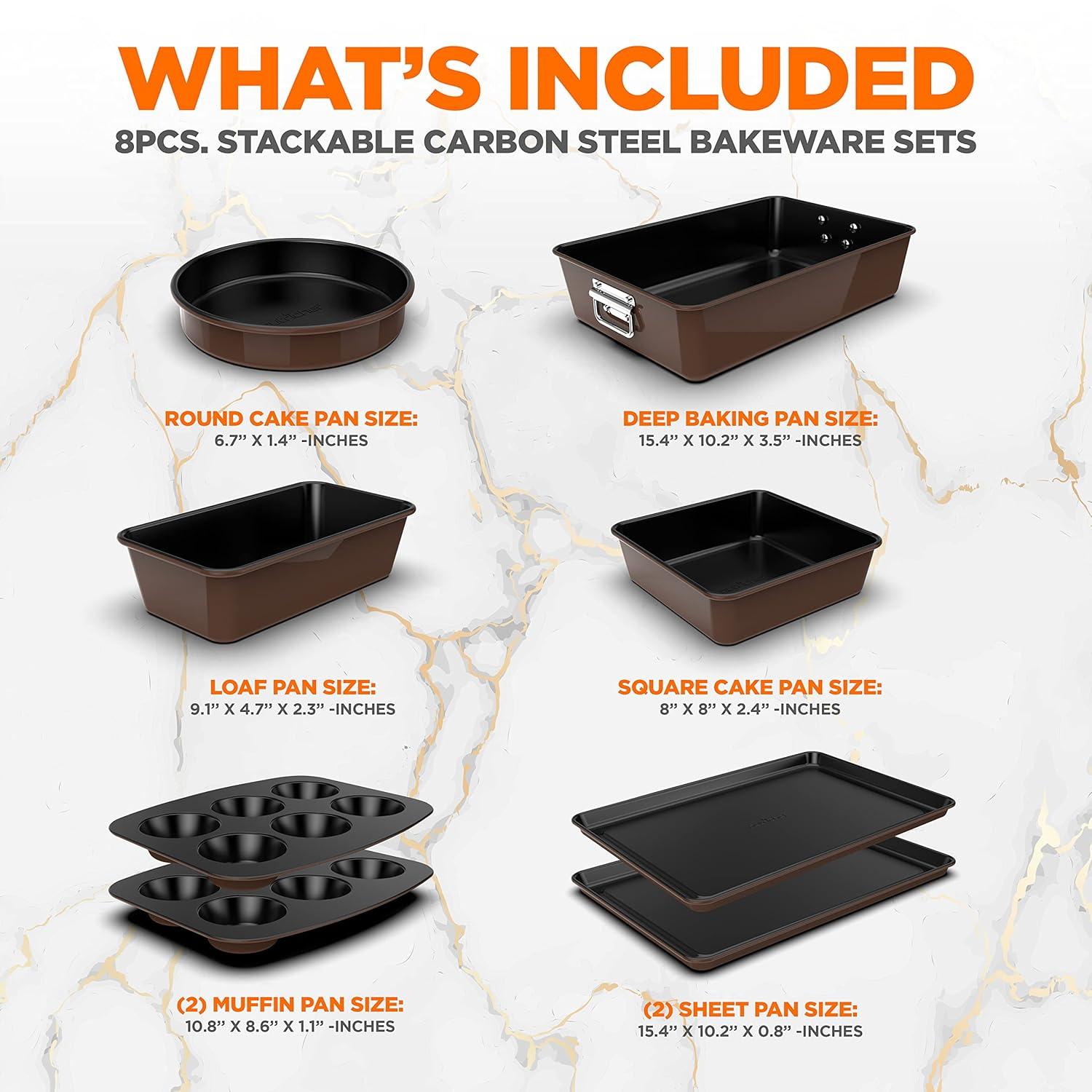 NutriChef 8-Piece Nonstick Stackable Bakeware Set - Pfoa, Pfos, Ptfe Free Baking Tray Set W/ Non-Stick Coating, 450°F Oven Safe, Round Cake, Loaf, Muffin, Wide/Square Pans, Cookie Sheet