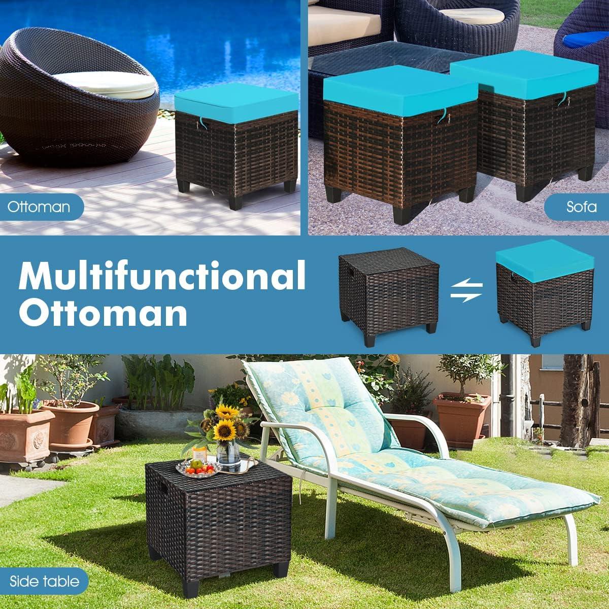 Costway 2PCS Patio Rattan Ottoman Cushioned Seat w/ Foot Rest Turquoise