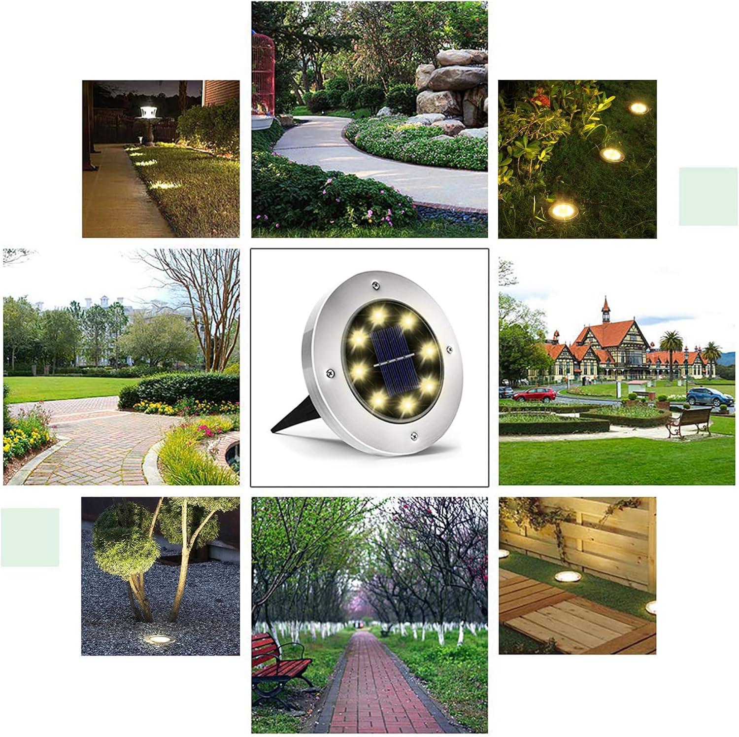 8 LED Garden Lights Solar Powered,Disk Lights Waterproof In-Ground Outdoor Landscape Lighting for Patio Pathway Lawn Yard Deck Driveway Walkway,Warm White 12 Packs