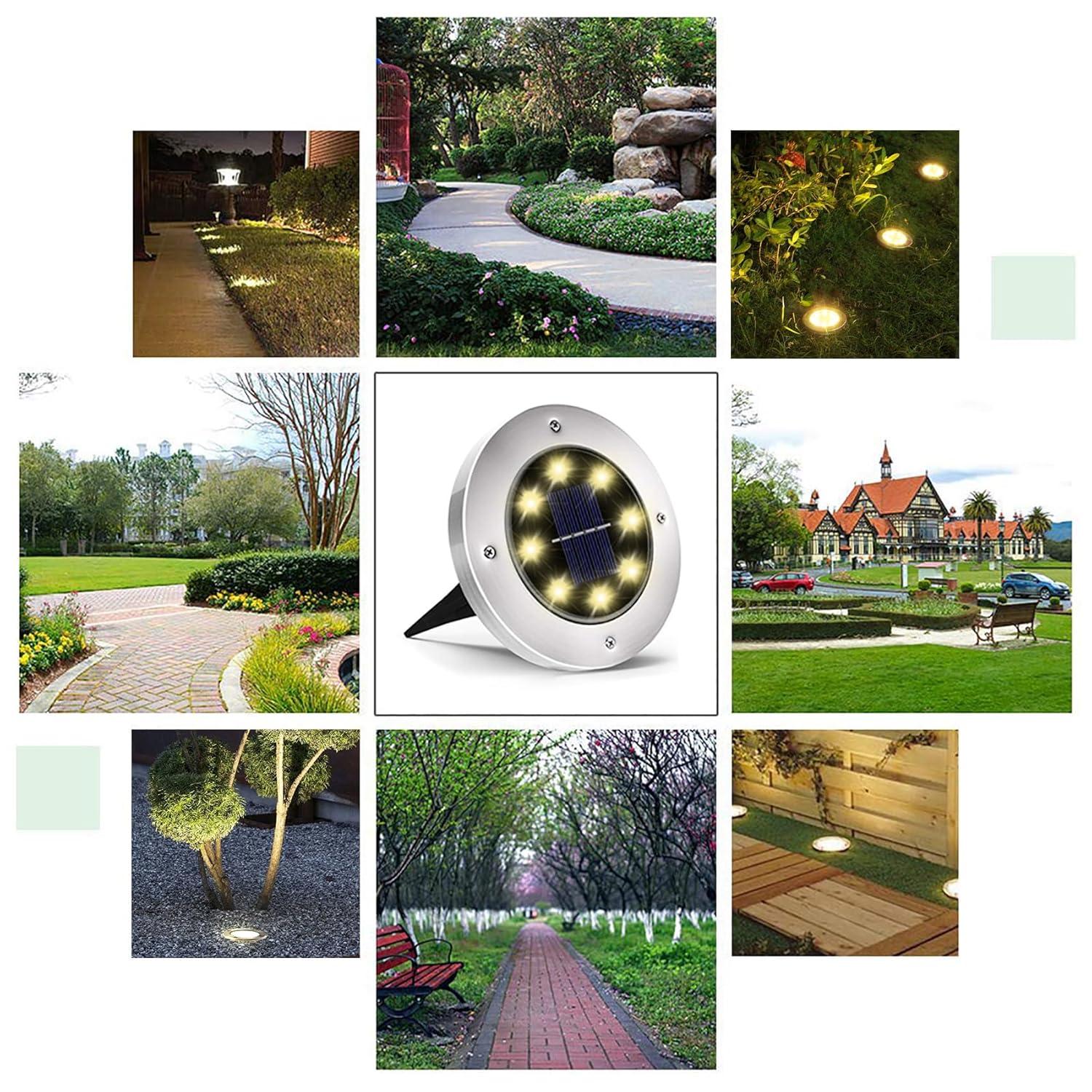 8 LED Garden Lights Solar Powered,Disk Lights Waterproof In-Ground Outdoor Landscape Lighting for Patio Pathway Lawn Yard Deck Driveway Walkway,Warm White 12 Packs