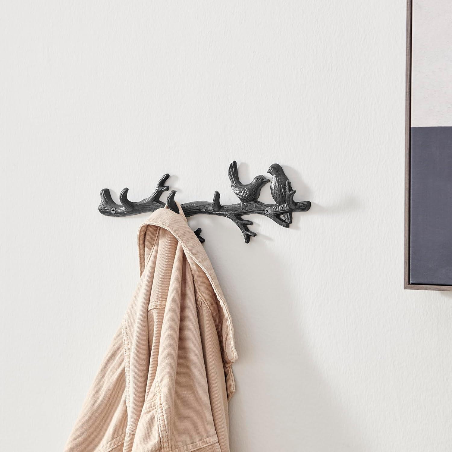 Danya B. Dark Brown Cast Iron Birds on Tree Branch Decorative Wall Sculpture Utility Hook Unit with 4 Hooks
