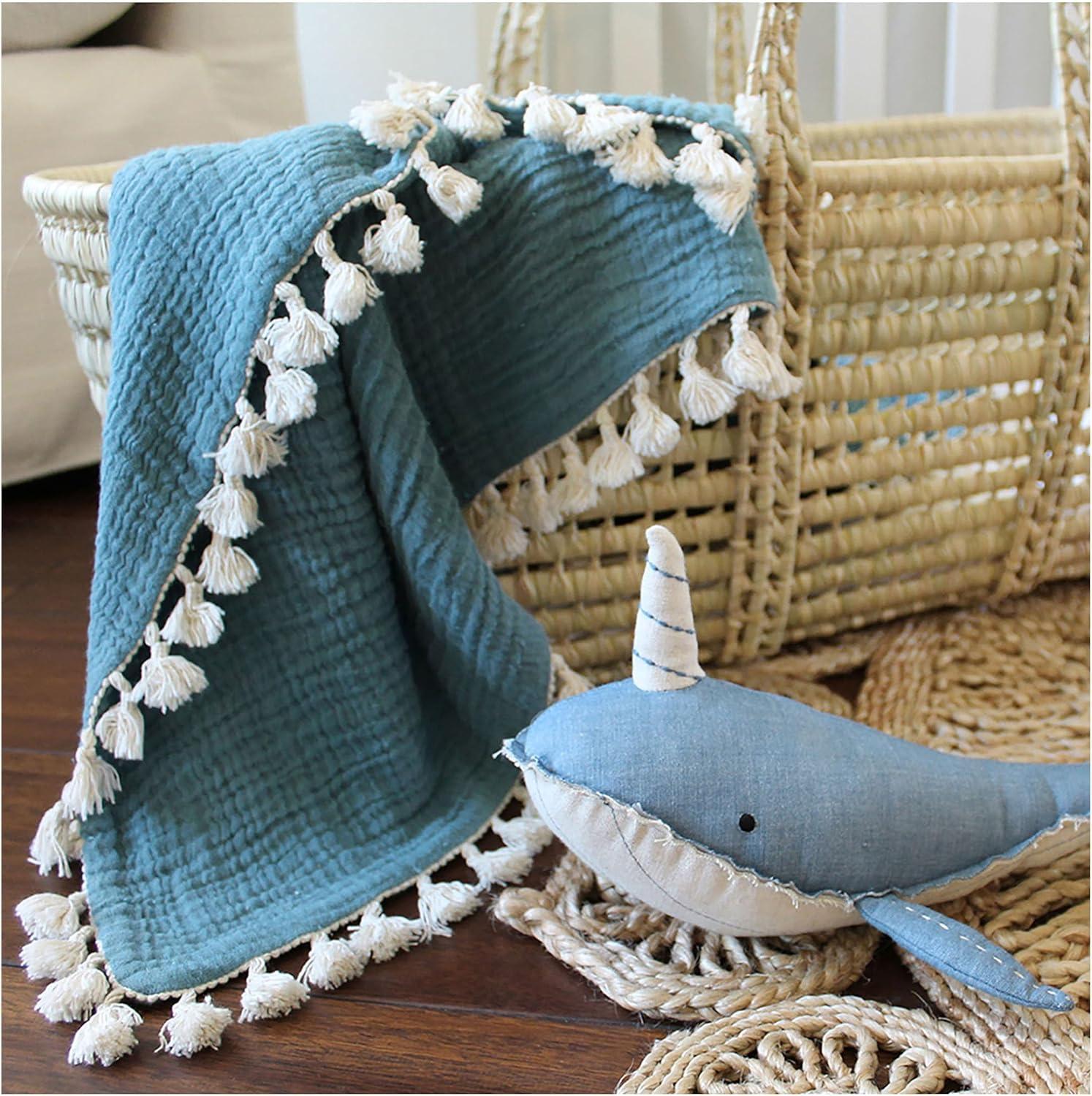 Riverstone Blue Cotton Muslin Baby Blanket with Fringe Trim