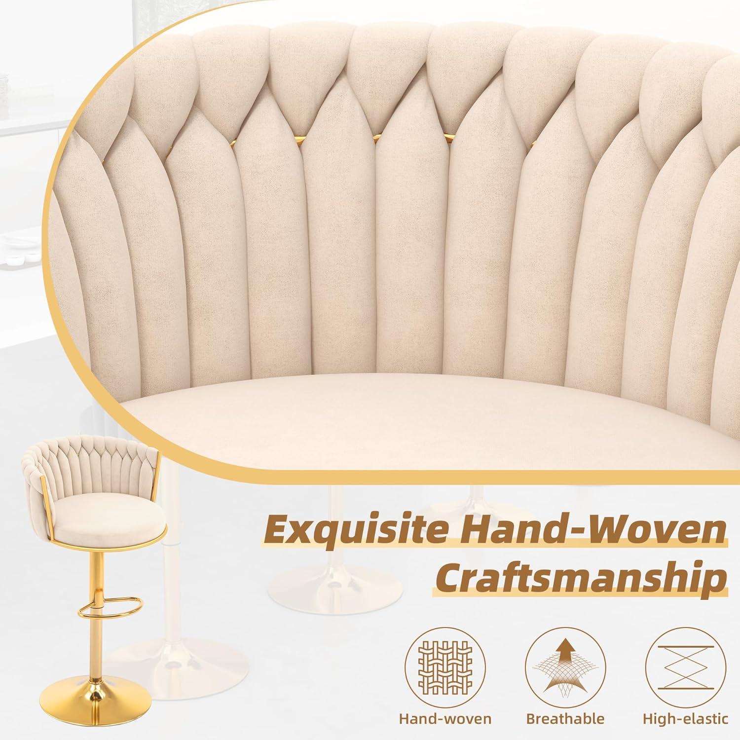 Counter Height Stools Set of 2, Velvet Bar Stools with 27 Inches Upholstered Seat Height, Handmade Woven Back Armrest, Sturdy Golden Metal Legs for Home Dining Pub Kitchen Island, Beige