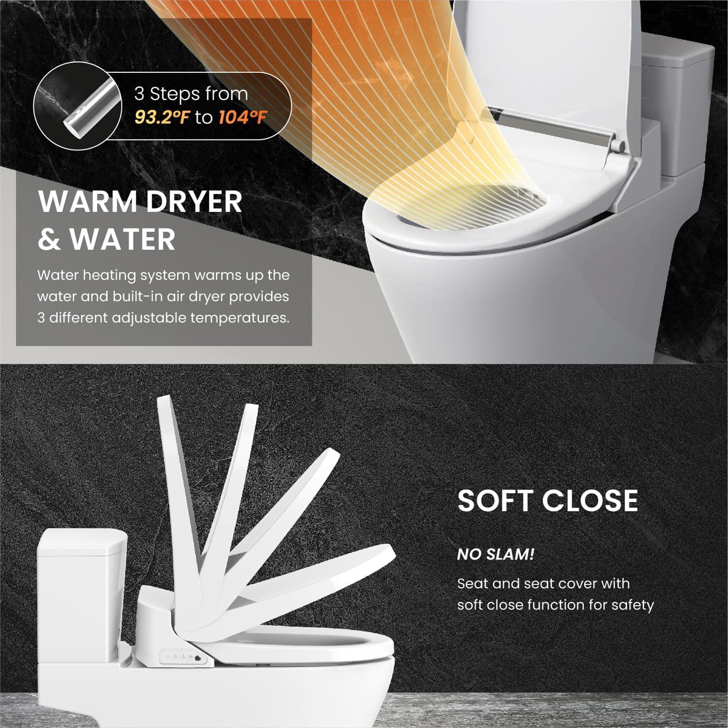 Stylement Electric Bidet Seat, Elongated Toilet in White, Remote, Deodorizer, Stainless Nozzle, UV LED, Made in Korea