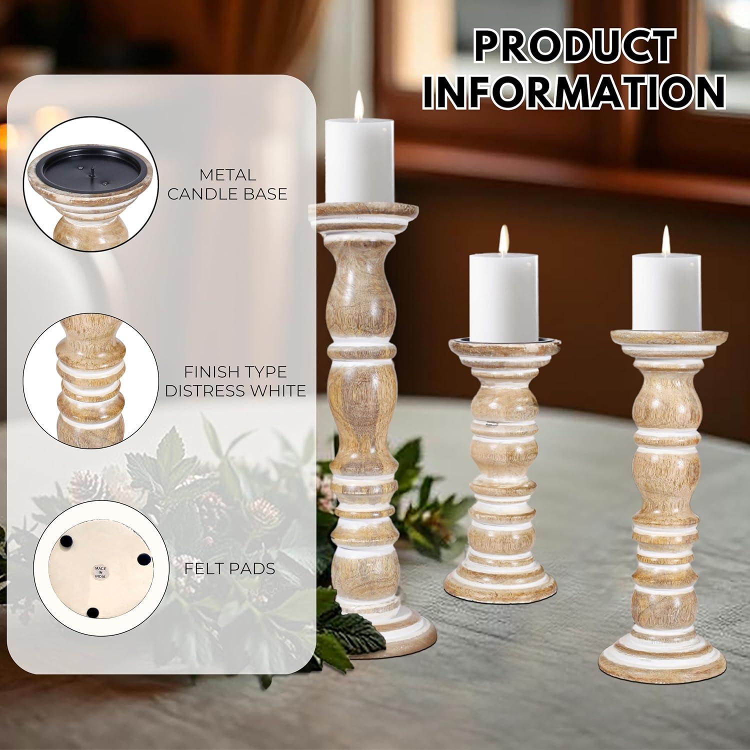 DecMode Traditional and Timeless Mango Wood Pillar Candle Holder Set of 3, 6", 8", 10"H, Cream Finish