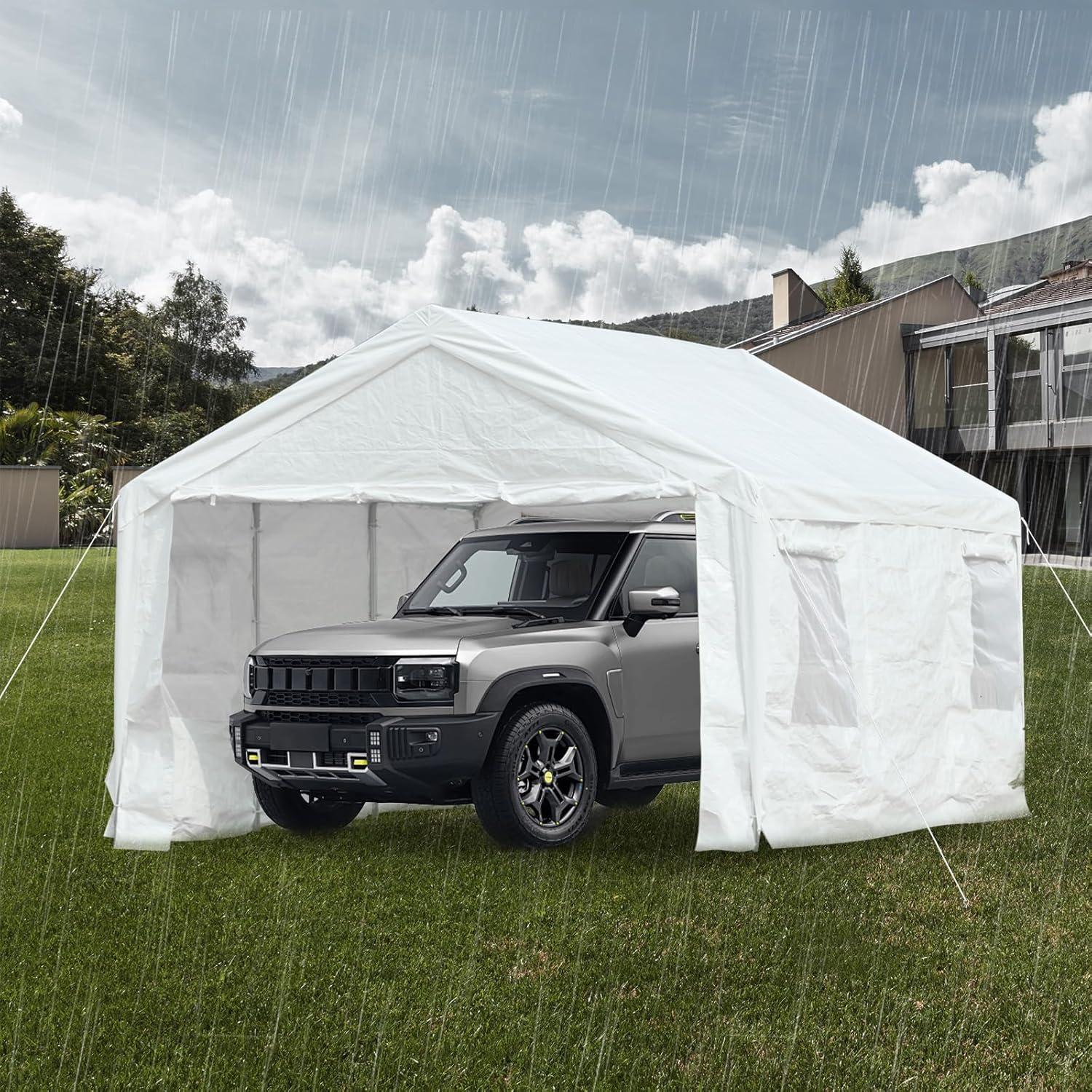 Aoodor 20 x 10 FT. Vehicle Carport Canopy Portable Garage Party Canopy Tent Boat Shelter, Heavy Duty Metal Frame with Removable Rool-up Sidewalls and Doors, White