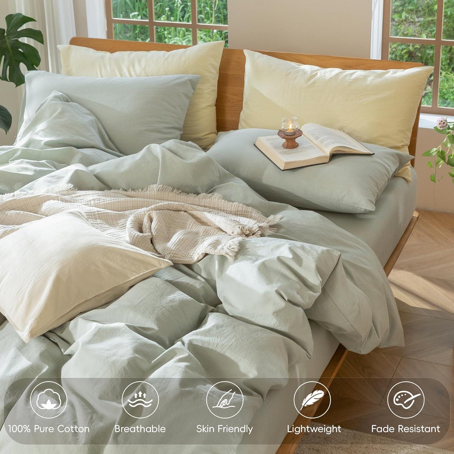 MOOMEE 100% Washed Cotton Linen Like Textured Duvet Cover Set