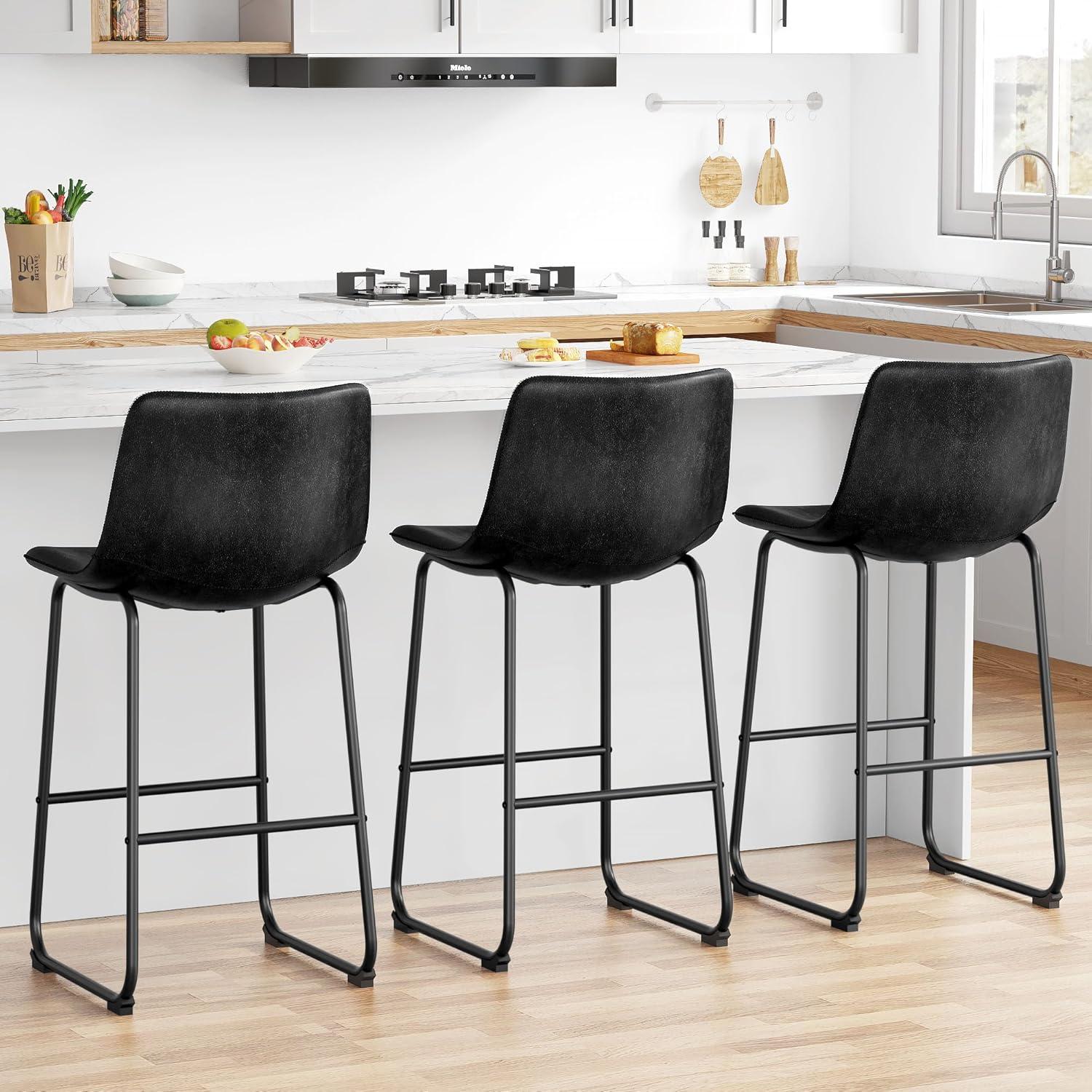 YaFiti Barstools 30'' PU Leather Counter Height Bar Stools Set of 4 with Back Modern Armless Chairs with Footrest and Metal Legs for Kitchen Living Room Pub, Black