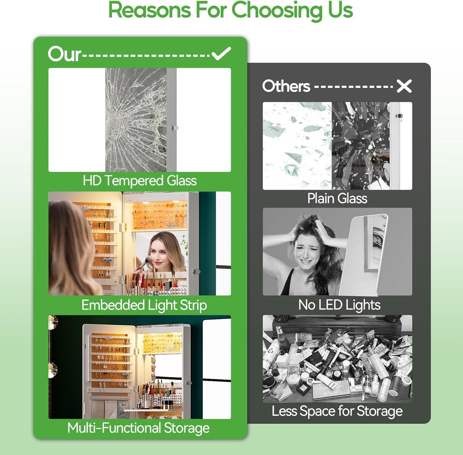 Hokku Designs LED Mirror Jewelry Cabinet,47.2" Wall Mounted Jewelry Organizer with Full-Length Mirror,Over The Door Hanging Jewelry Armoire Storage Cabinet,Folding Dresser,2 Drawers,Lockable, 3 Shelves(White)