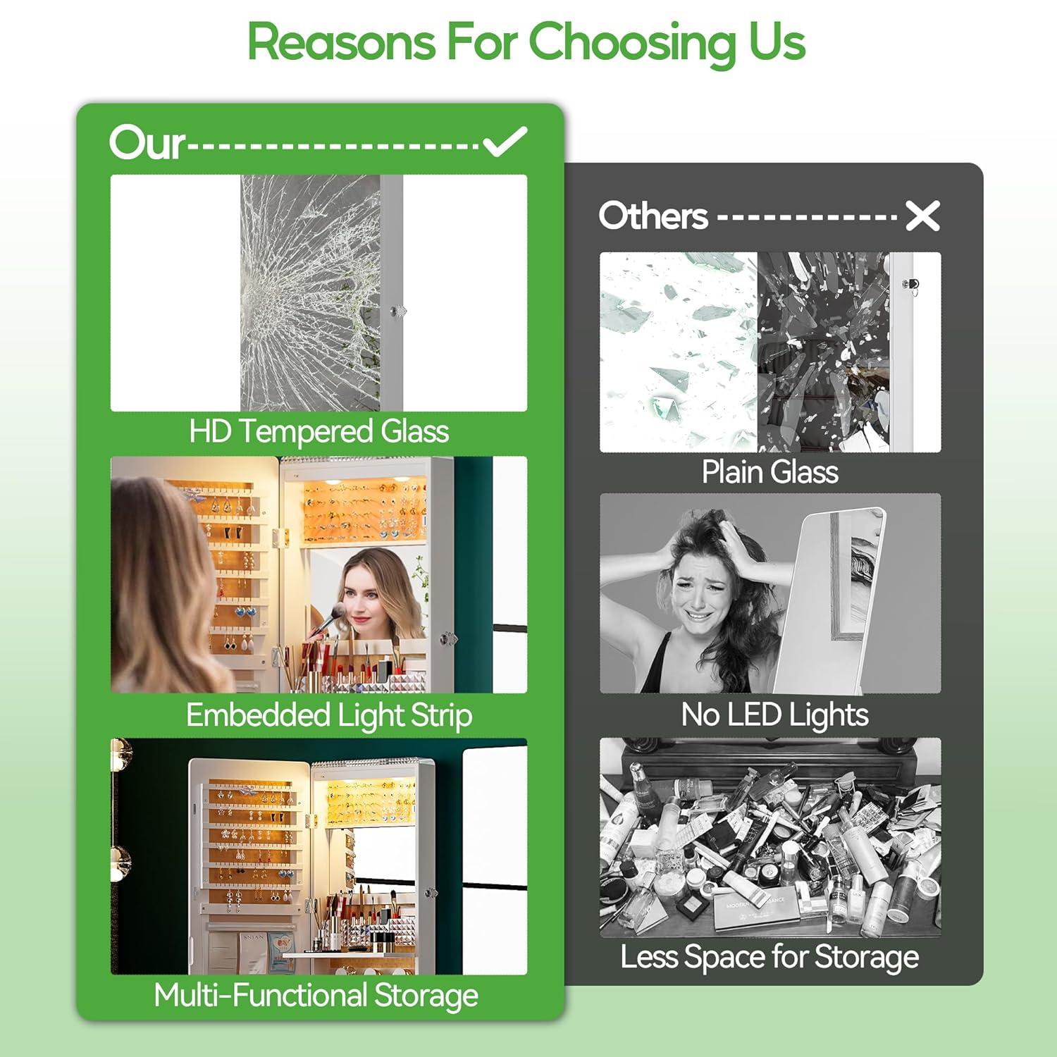 Hokku Designs LED Mirror Jewelry Cabinet,47.2" Wall Mounted Jewelry Organizer with Full-Length Mirror,Over The Door Hanging Jewelry Armoire Storage Cabinet,Folding Dresser,2 Drawers,Lockable, 3 Shelves(White)