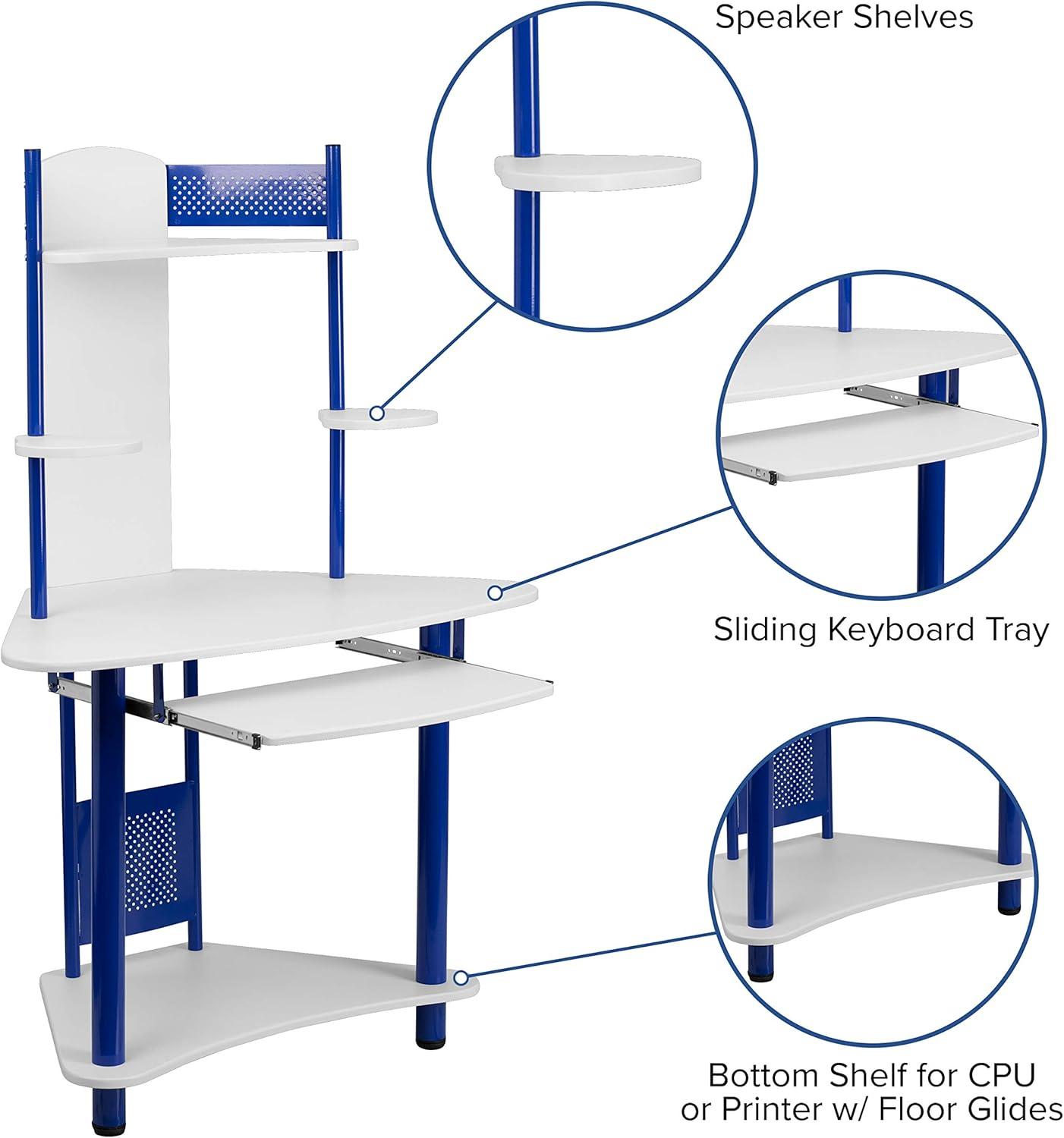 Compact Blue and White Corner Computer Desk with Integrated Hutch