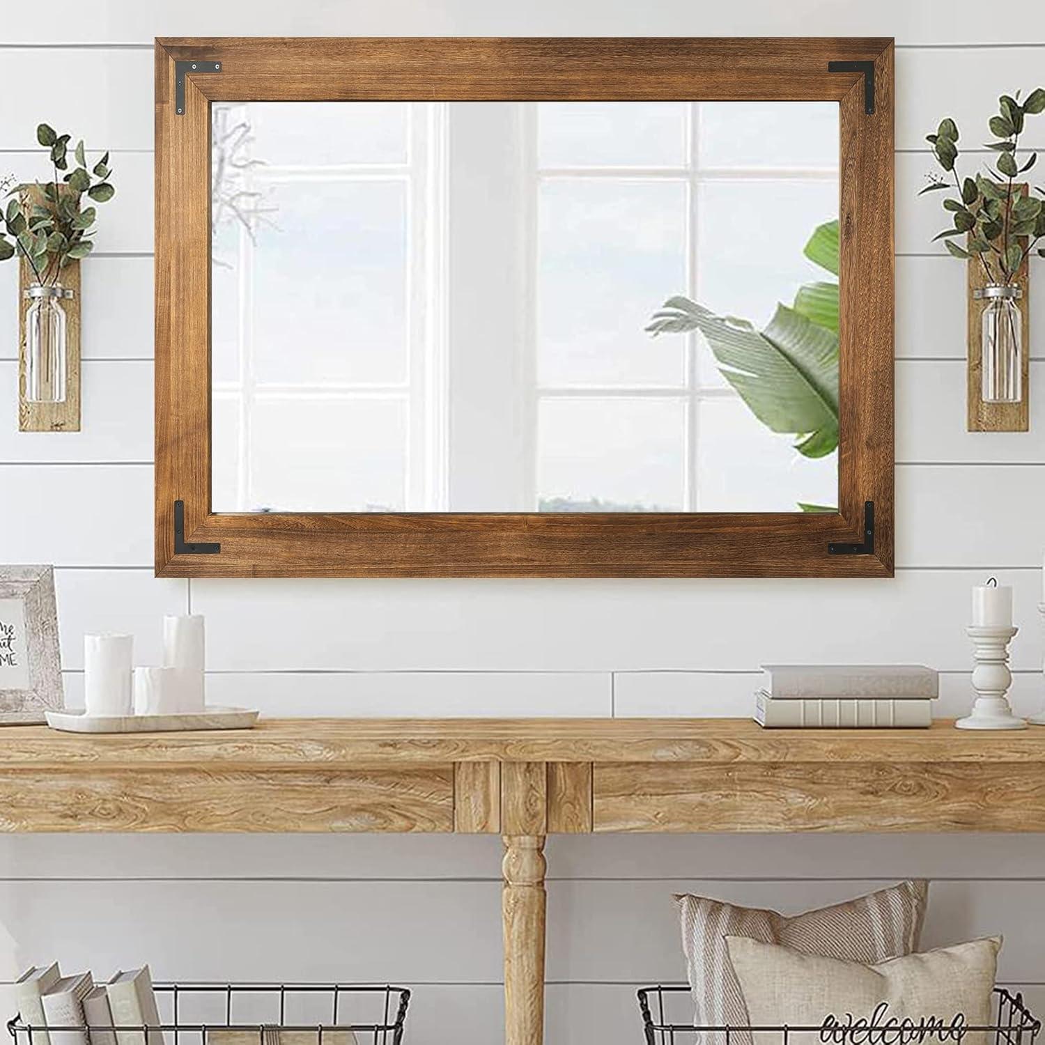 Rustic Natural Wood and Iron Rectangular Wall Mirror