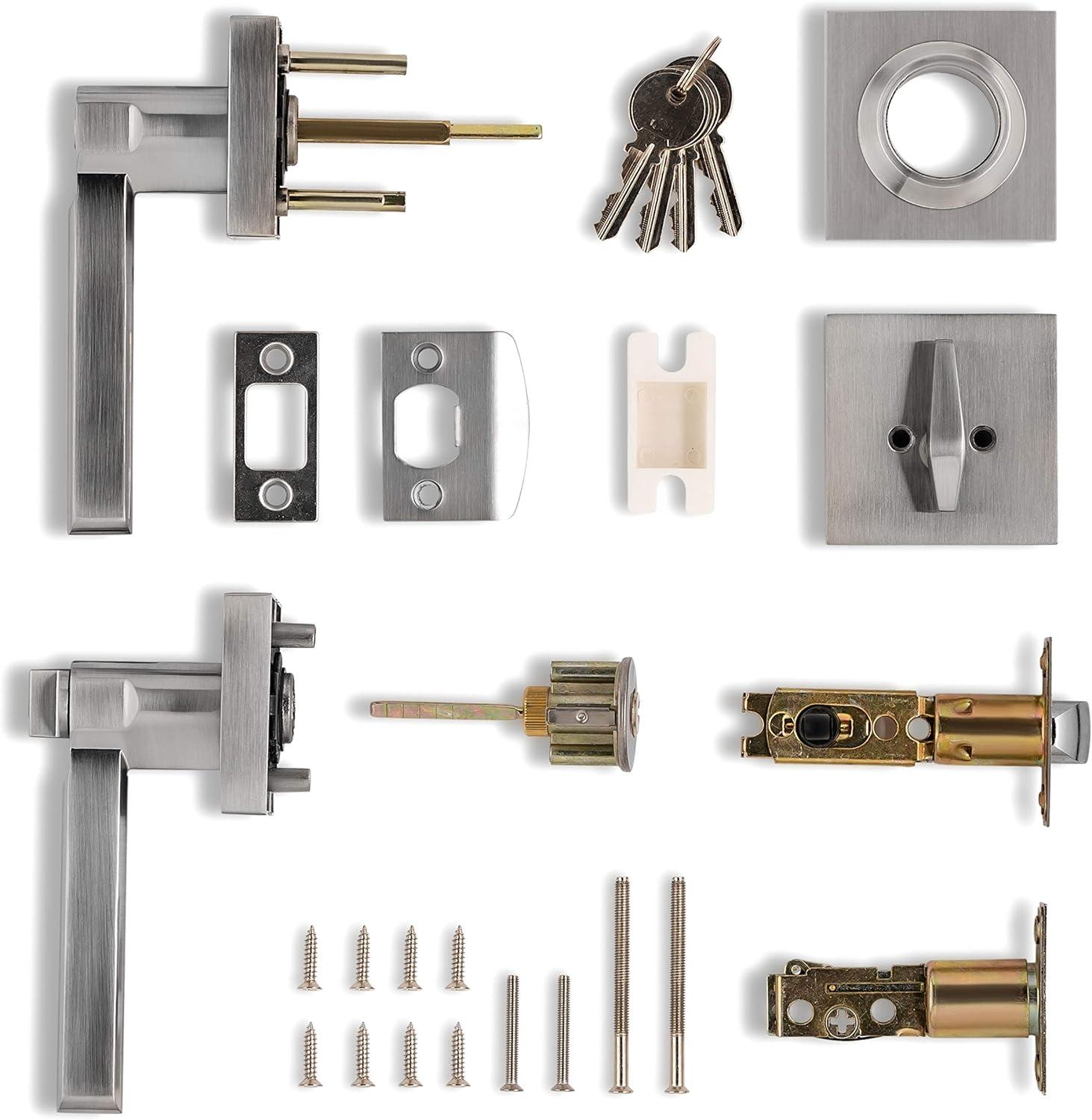 Satin Nickel Entry Lever Door Handle and Deadbolt Lock Set