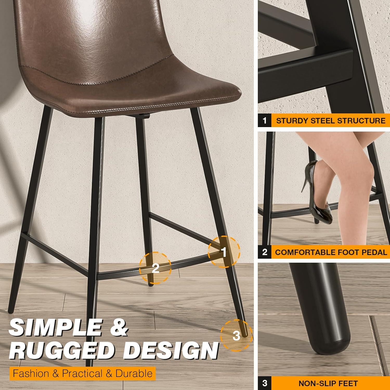 Brown Leather Saddle Style Counter Stools with Steel Legs, Set of 3