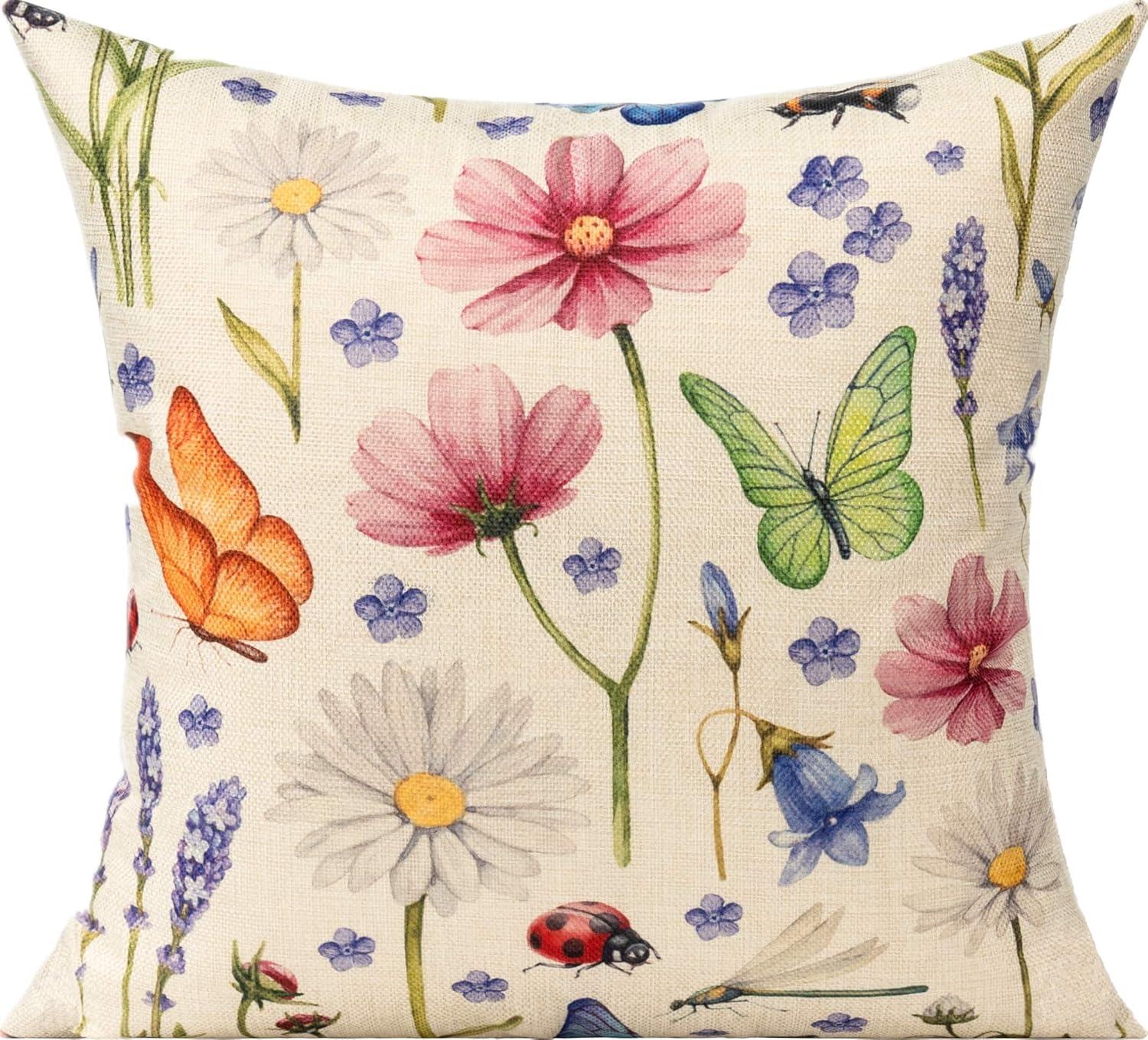 All Smiles Outdoor Patio Throw Pillow Covers 20x20 Set of 4 Spring Summer Garden Flowers Farmhouse Décor Outside Furniture Bench Chair Decorative Cushion Cases for Swing Deep Seat Bed Couch Sofa
