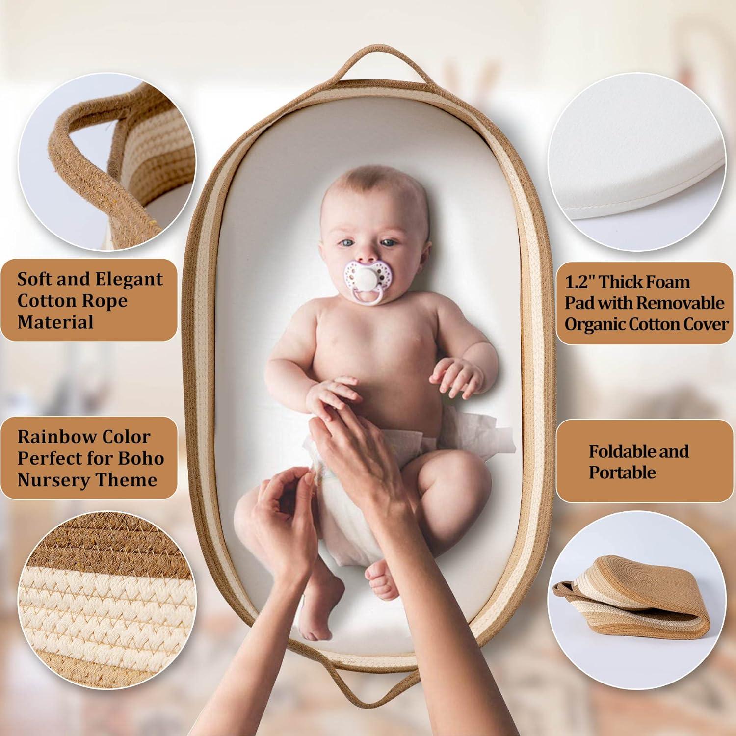 Baby Changing Basket in Boho Rainbow Color - Changing Table Topper and Thick Foam Pad with Removable Cotton Mattress Cover, 100% Cotton