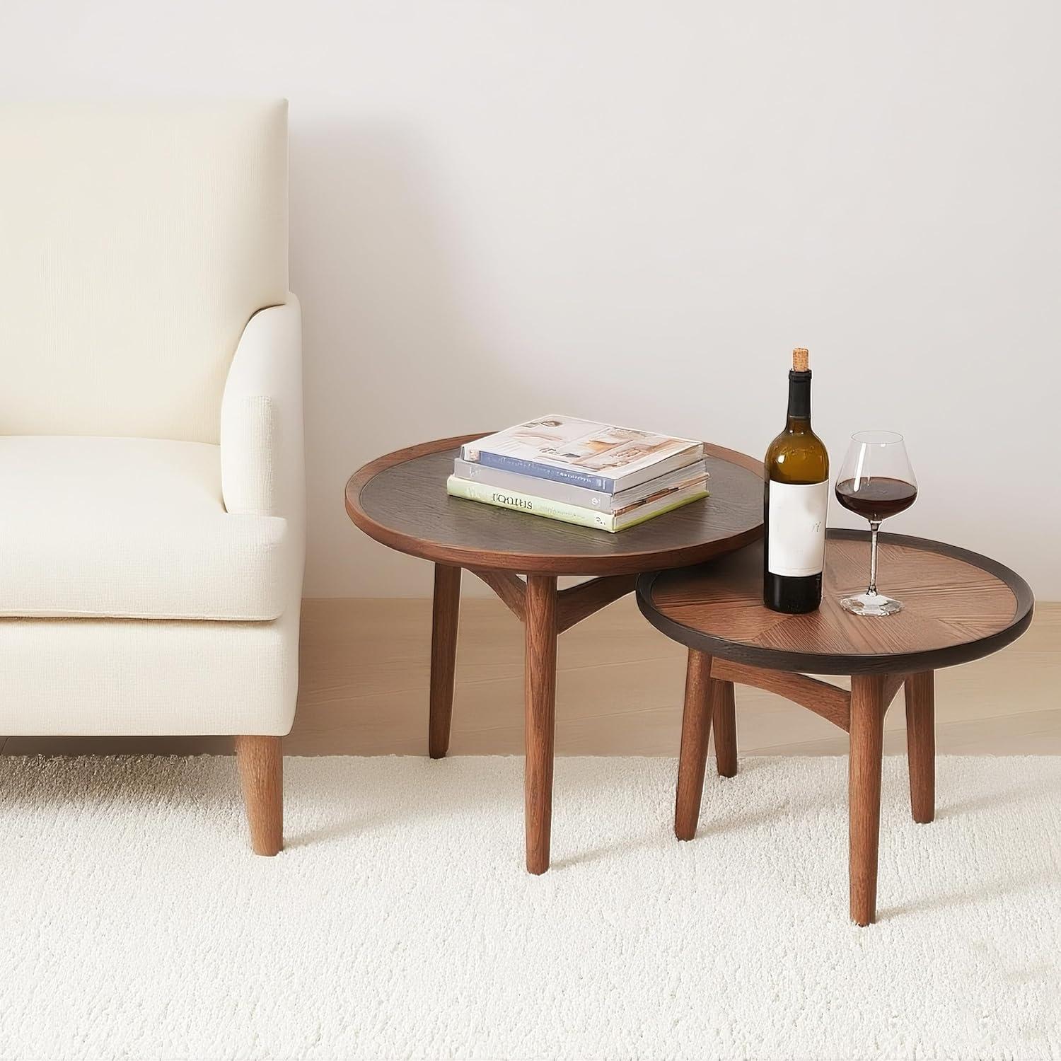 CONSDAN Nesting Table, Solid Oak Hardwood Structure Round Coffee Table & Side Table with Solid Wood Feet for Living Room, Bedroom, Balcony - Standard