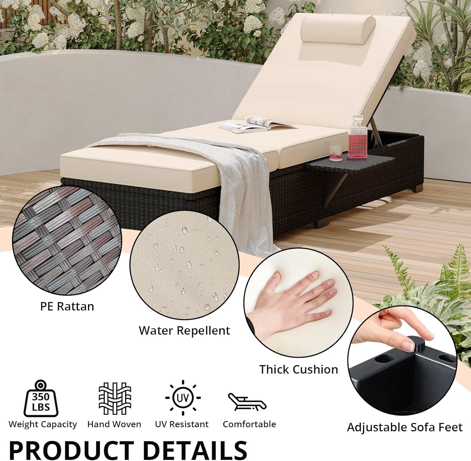 Lounge Chairs Outdoor Set of 2, PE Rattan Chaise Lounge Chair with 5-Position Adjustable Backrest for Patio Beach Pool Deck Backyard, Beige