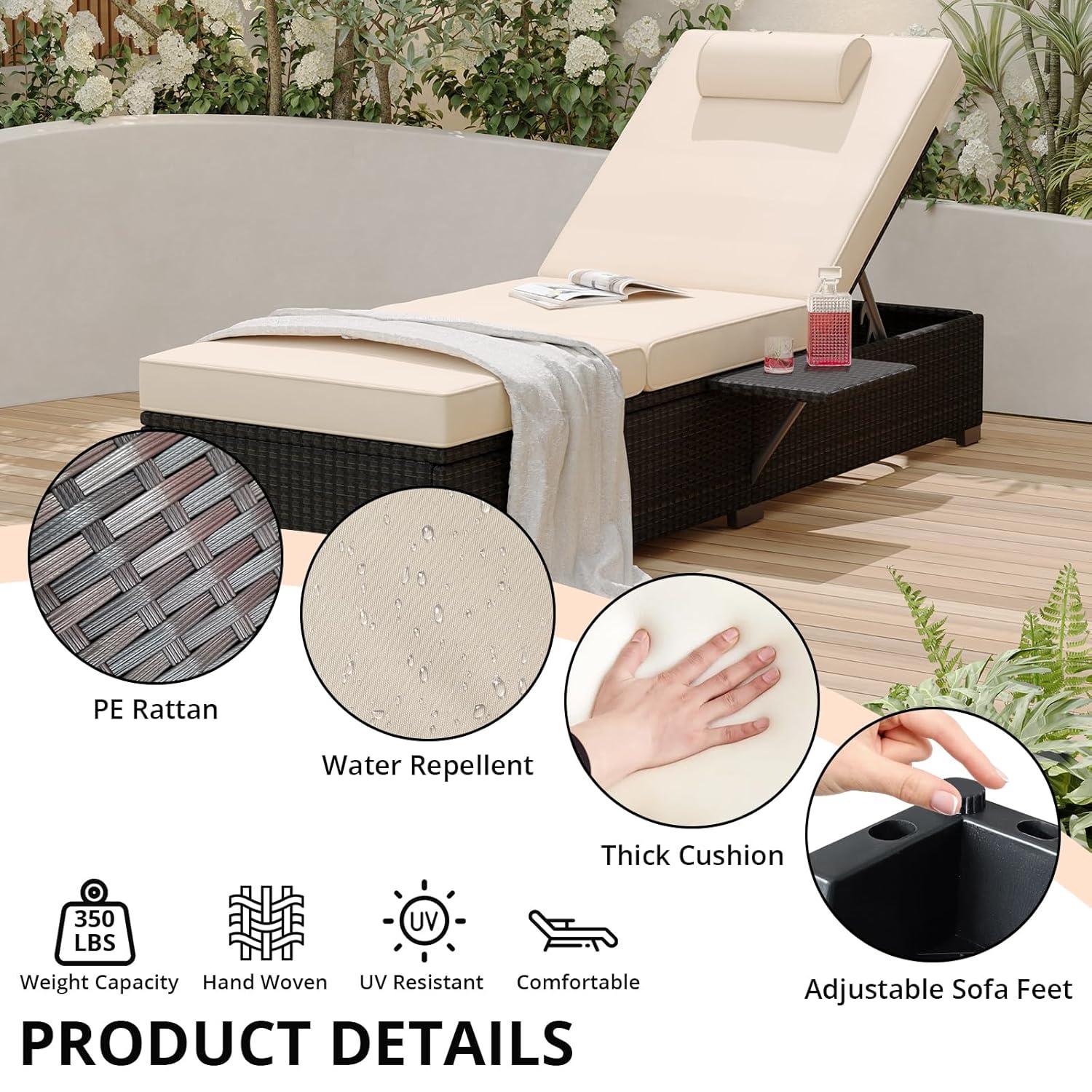 Lounge Chairs Outdoor Set of 2, PE Rattan Chaise Lounge Chair with 5-Position Adjustable Backrest for Patio Beach Pool Deck Backyard, Beige