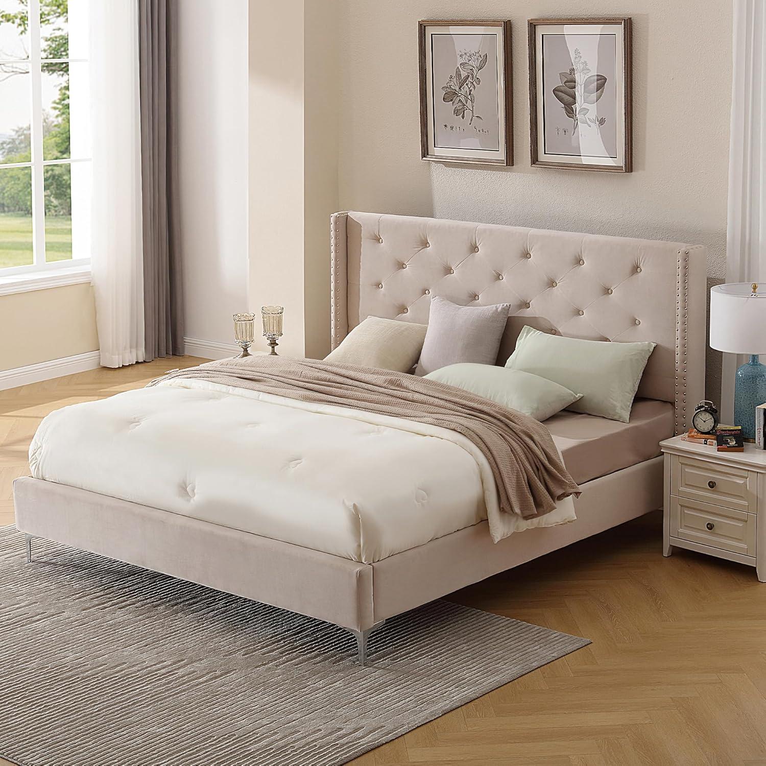 Beige Velvet Upholstered California King Bed with Tufted Headboard